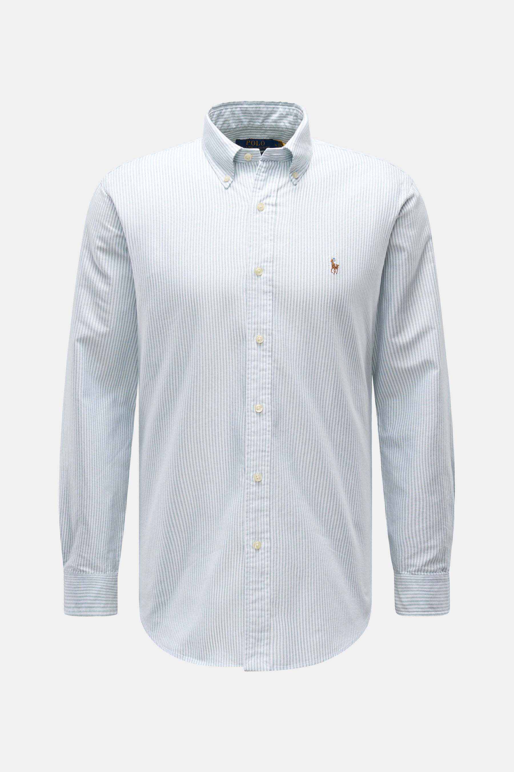 Polo Ralph Lauren Oxfordhemd Button-Down-Kragen pastellgrün/weiß gestreift, Oxford Baumwolle, weicher Griff, Slim Fit, Knopfleiste, Sportmanschette, Rückenpasse, gerundeter Saum, Frontalansicht.