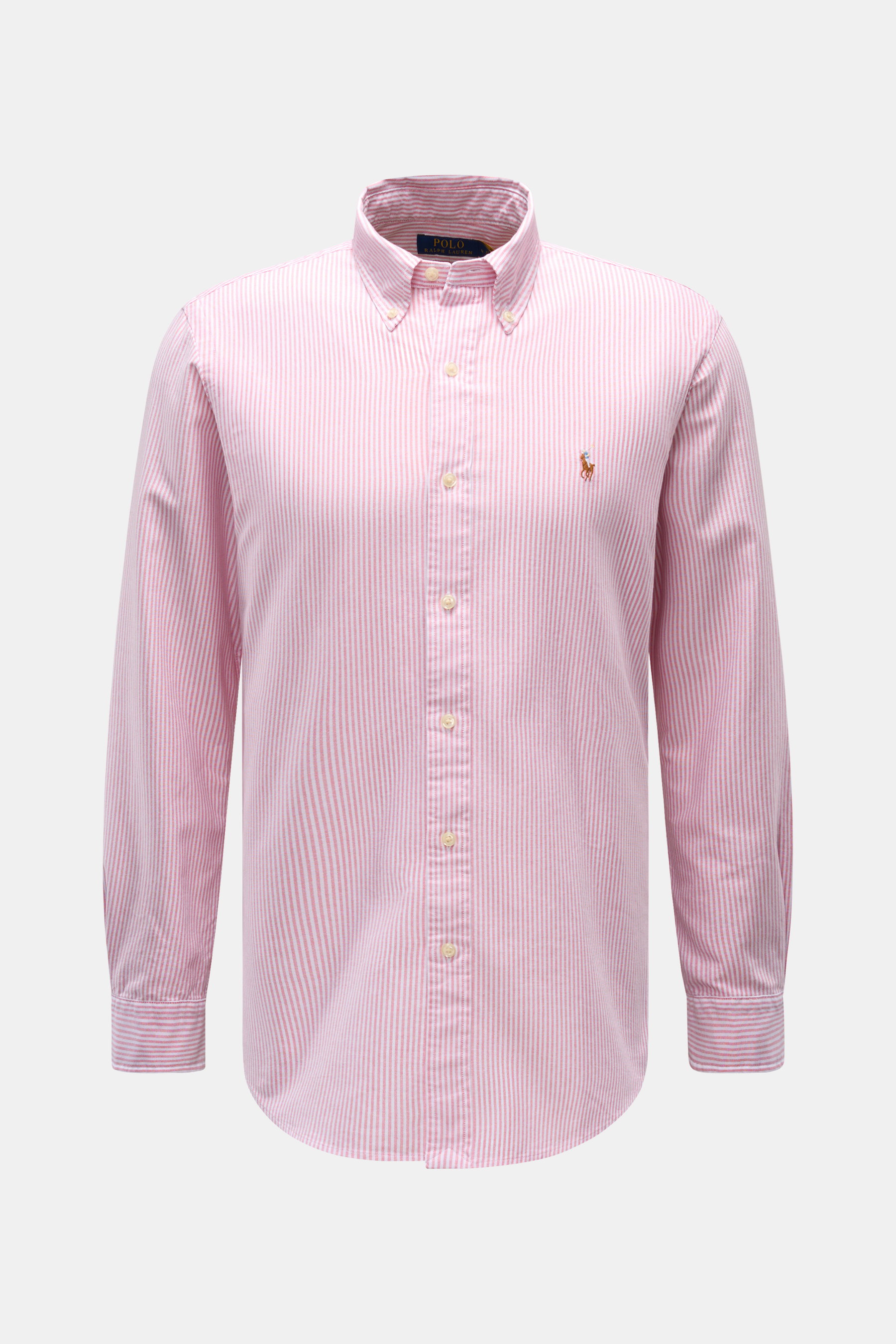 Vorderansicht des Polo Ralph Lauren Oxfordhemd Button-Down-Kragen rosé/weiß gestreift mit Oxford aus reiner Baumwolle, weichem Griff, modernem Streifenmuster, Custom Fit, aufgesetzter Knopfleiste, mehrfarbigem Stitching, klassischer Sportmanschette, Rücke