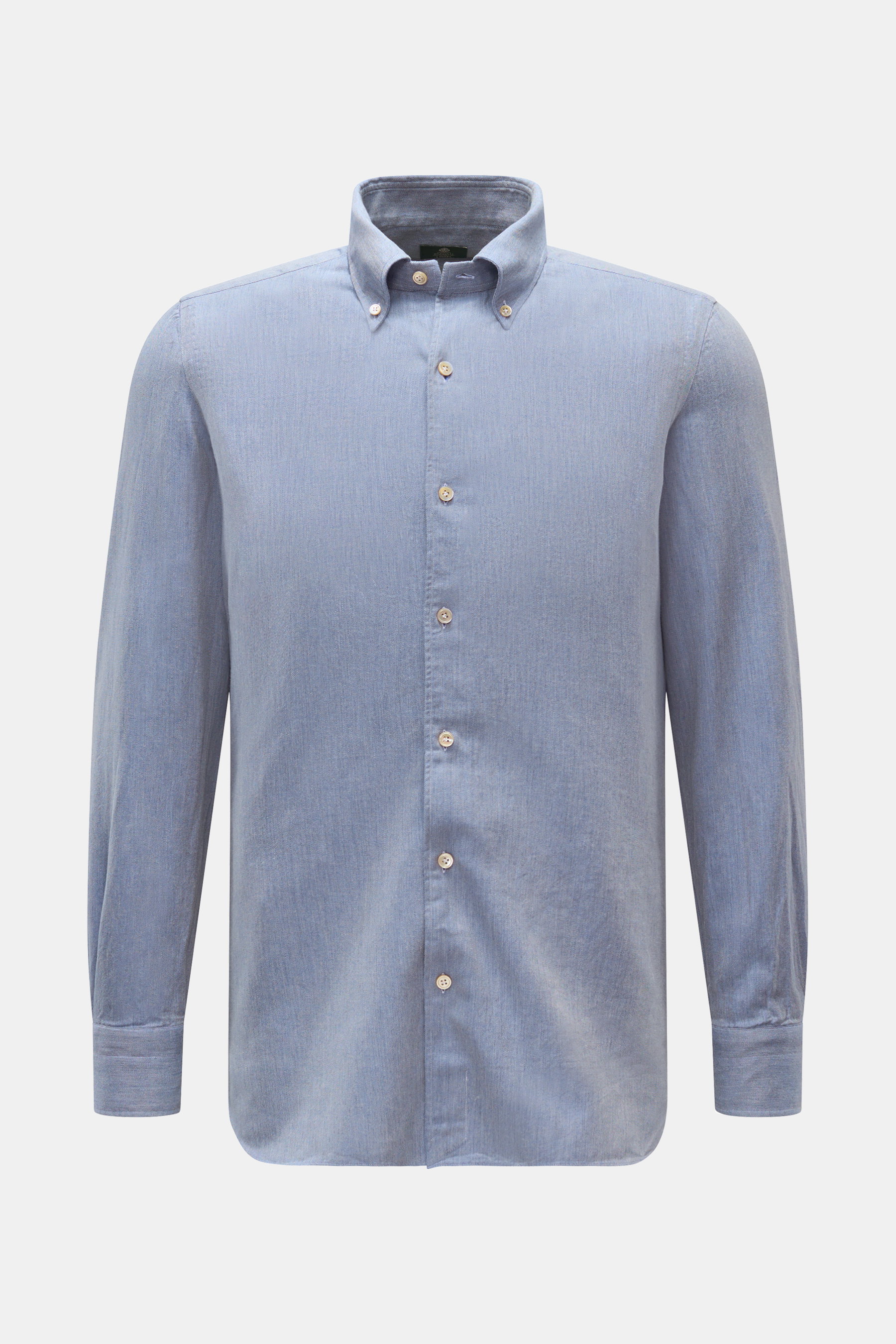 Borrelli Casual Hemd 'Gable' Button-Down-Kragen rauchblau meliert, reine Baumwolle, weicher Griff, feiner Twill, Denim-Optik, Slim Fit, französische Knopfleiste mit Perlmuttknöpfen, klassische Sportmanschette, schmale Rückenpasse, rückwärtige Taillenabnäh