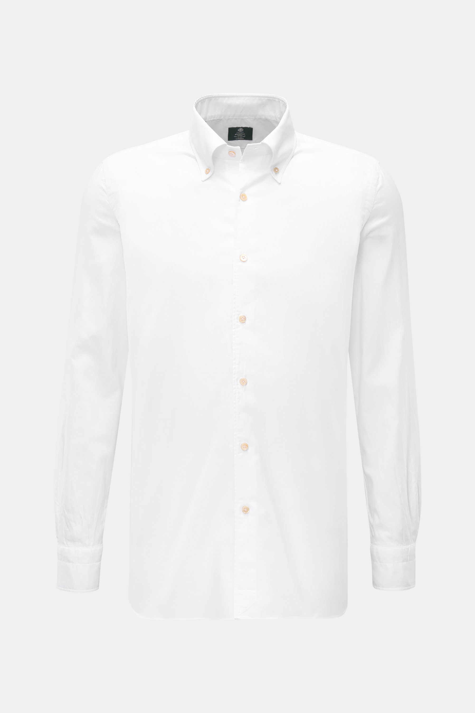Borrelli Oxford-Hemd 'Ettore' Button-Down-Kragen weiß, Slim Fit, Oxford aus reiner Baumwolle, glatter Griff, Perlmuttknöpfe, Sportmanschette, gerundeter Saum, frontale Perspektive.