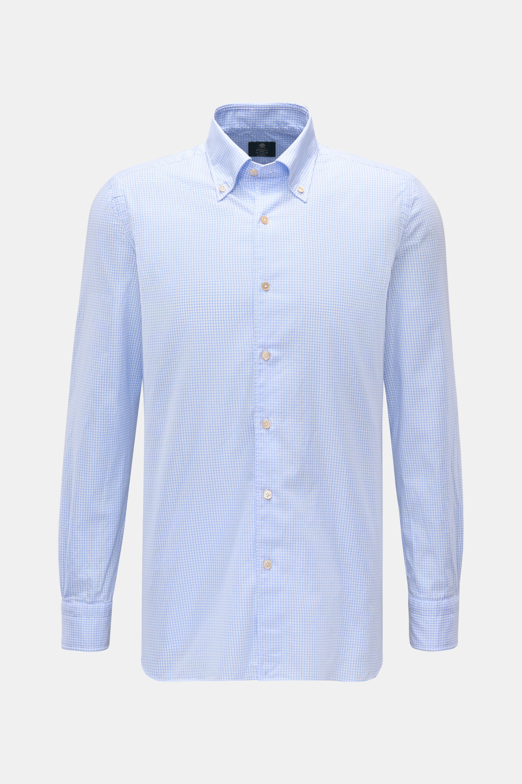 Borrelli Casual Hemd 'Gable' Button-Down-Kragen hellblau/weiß kariert, Slim Fit, reine Baumwolle, weicher Griff, feiner Twill, Frontansicht.