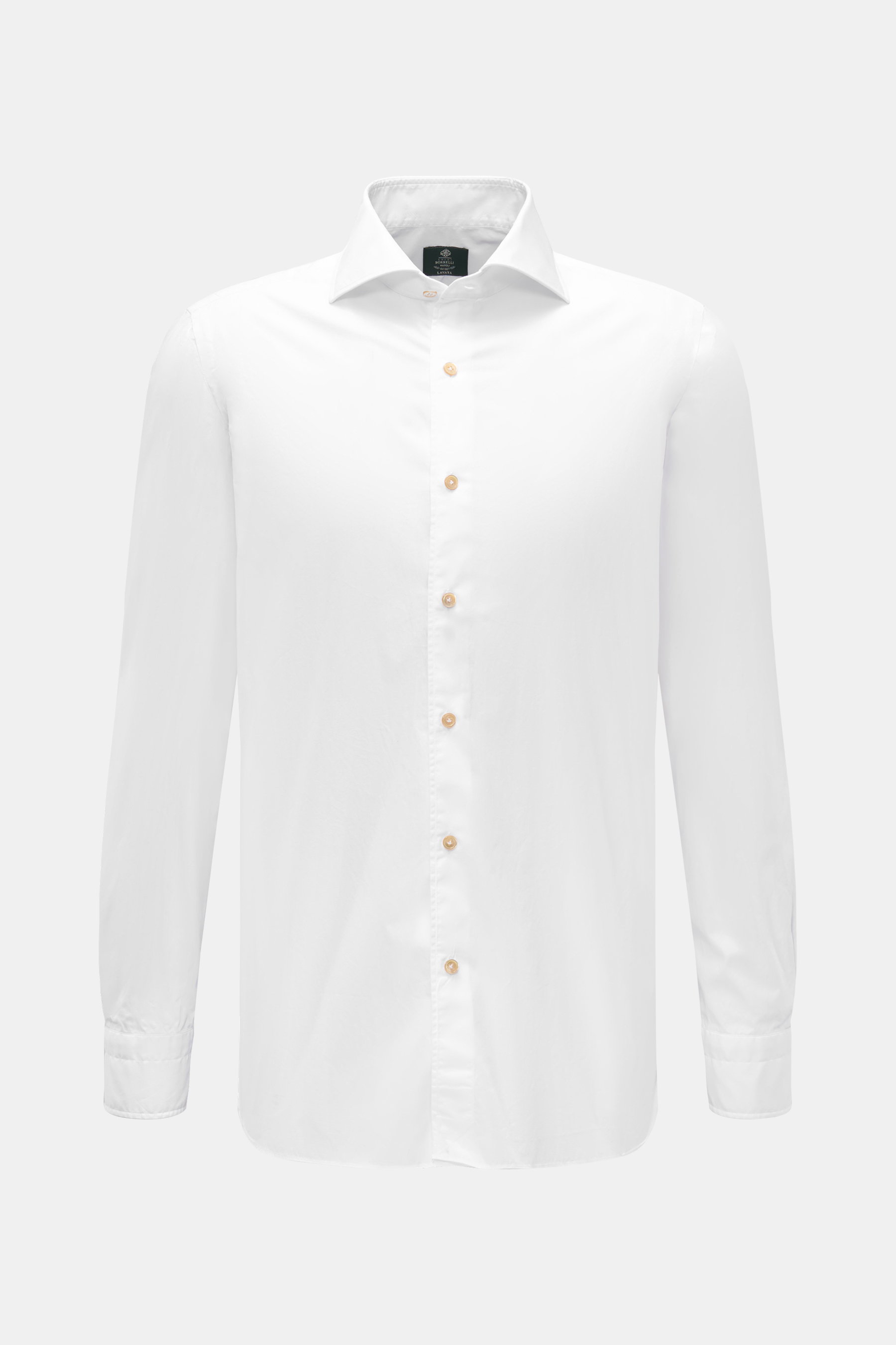 Borrelli Casual Hemd 'Ettore' Haifisch-Kragen weiß, frontale Ansicht, Popeline reine Baumwolle, glatter Griff, Slim Fit, französische Knopfleiste mit Perlmuttknöpfen, klassische Sportmanschette, gerundeter Saumverlauf.