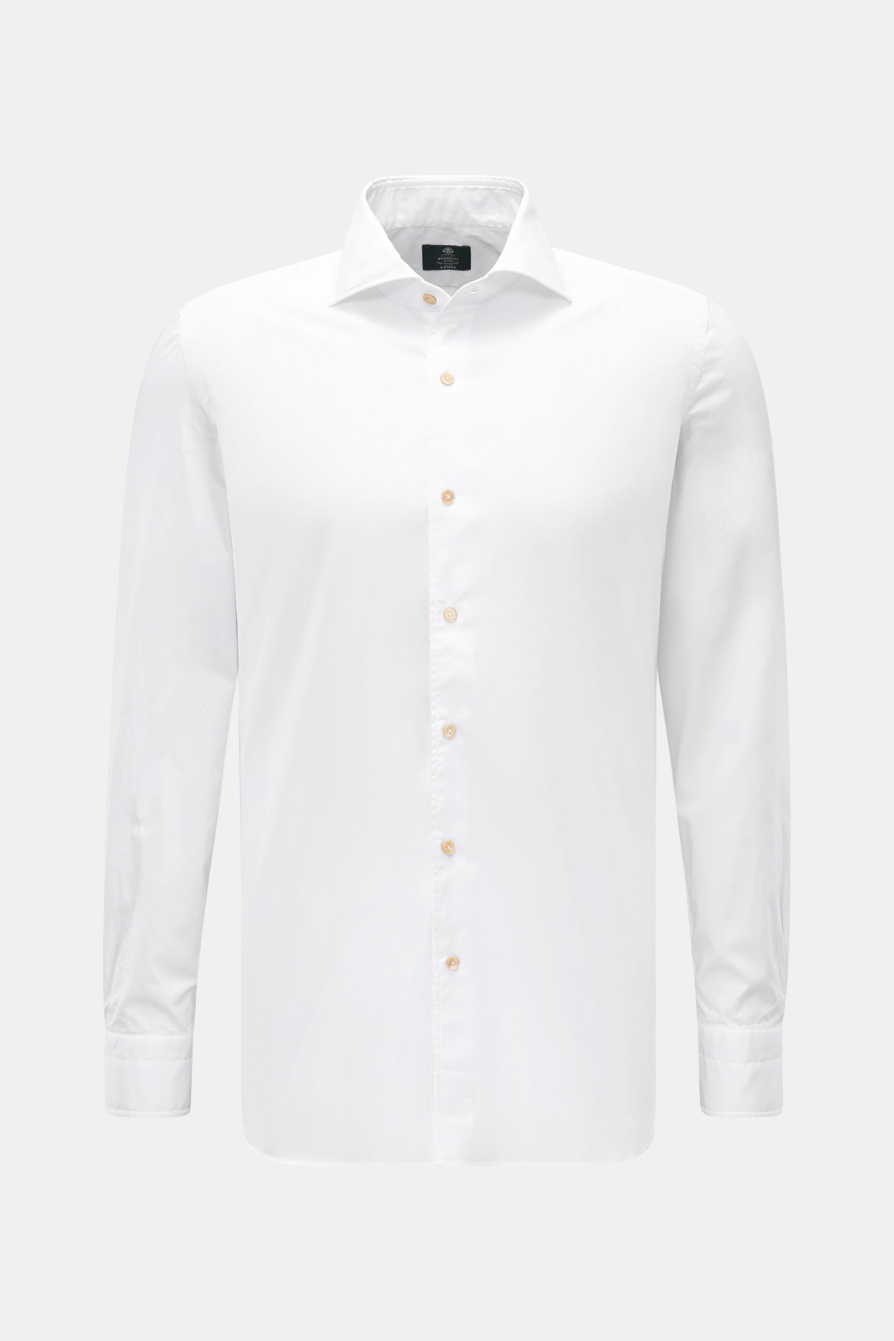 Borrelli Casual Hemd 'Ettore' Haifisch-Kragen weiß, frontale Ansicht, Twill aus reiner Baumwolle, glatter Griff, Slim Fit, französische Knopfleiste mit Perlmuttknöpfen, klassische Sportmanschette, gerundeter Saumverlauf.