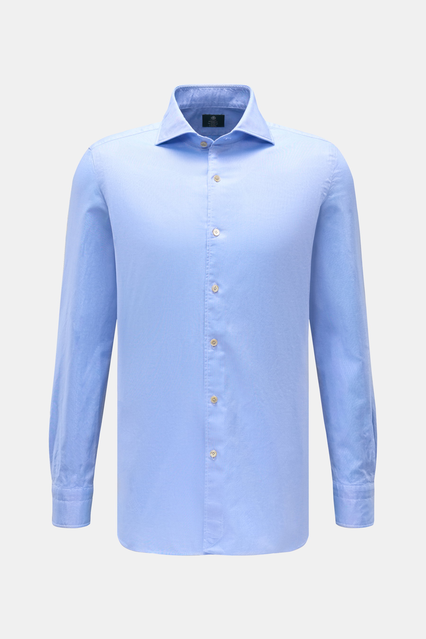 Borrelli Oxford-Hemd 'Ettore' Haifisch-Kragen rauchblau, Slim Fit, reine Baumwolle, glatter Griff, französische Knopfleiste, Sportmanschette, gerundeter Saum, frontale Ansicht.