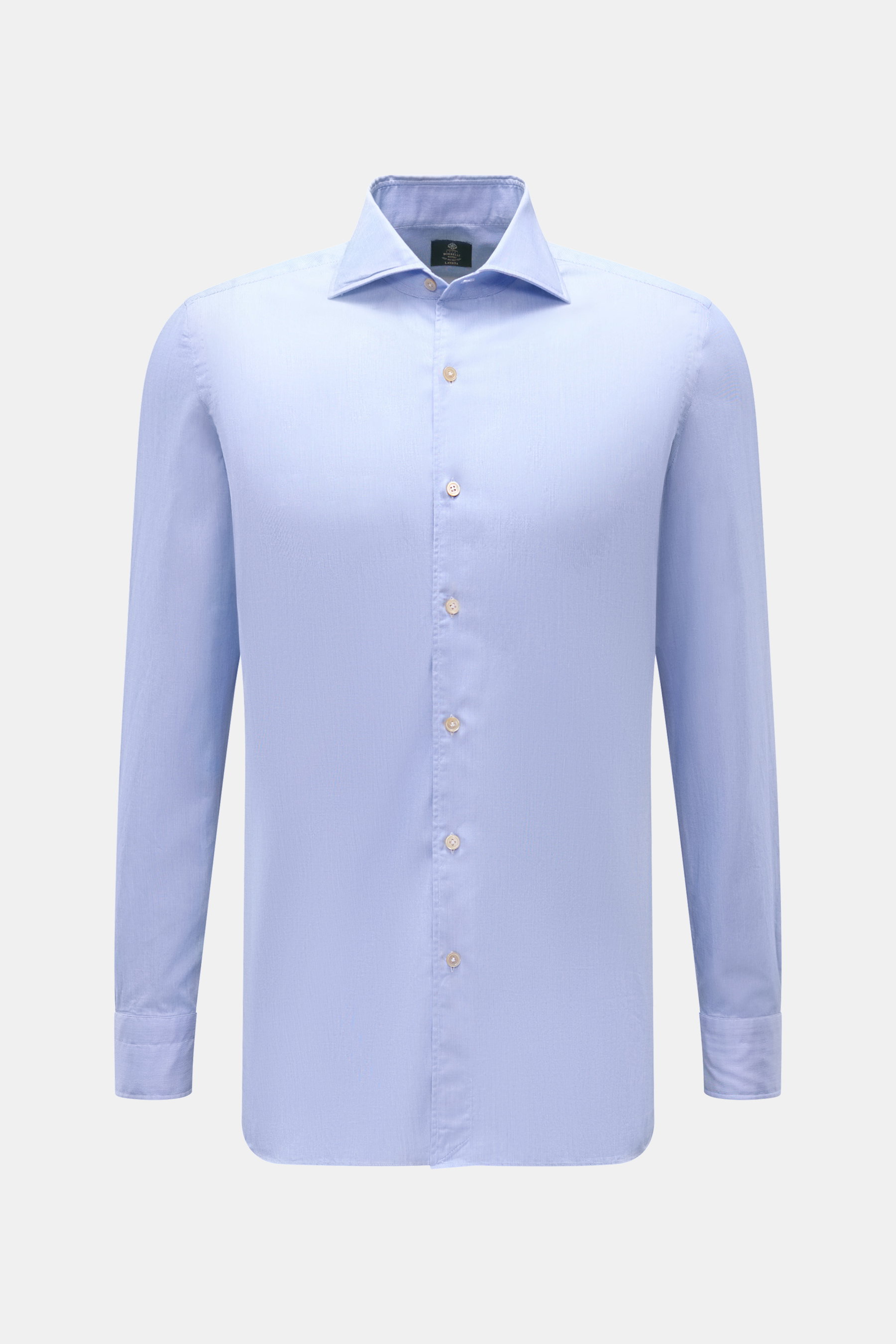 Vorderansicht des Borrelli Casual Hemd 'Ettore' Haifisch-Kragen blau, Slim Fit, Twill aus reiner Baumwolle, Perlmuttknöpfe, Sportmanschette, gerundeter Saum.