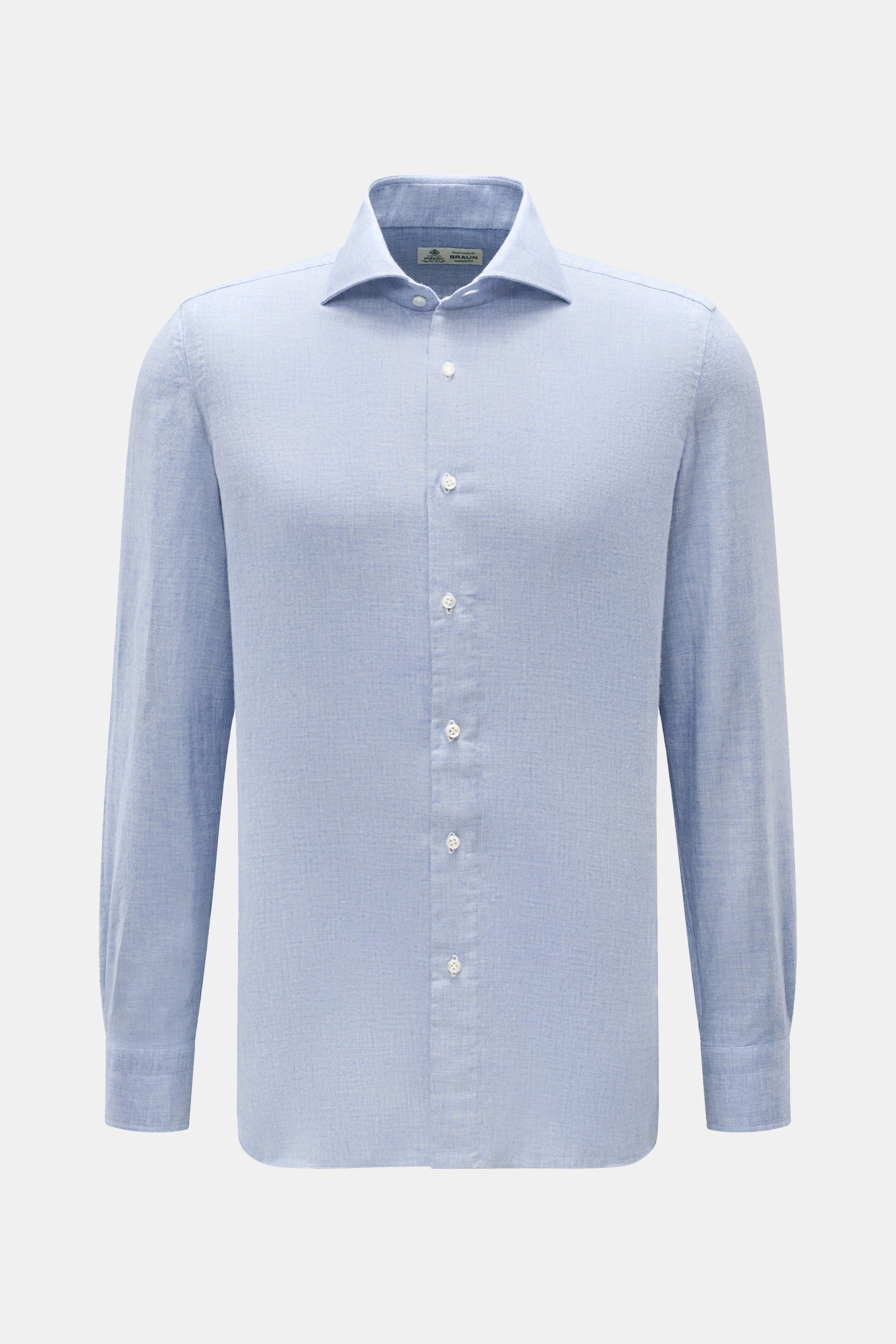 Borrelli Flanellhemd "Ettore" Haifisch-Kragen hellblau meliert, Slim Fit, angeraut, glatter Griff, Twill aus Baumwolle und Wolle, französische Knopfleiste mit Perlmuttknöpfen, klassische Sportmanschette, gerundeter Saum, Frontansicht.