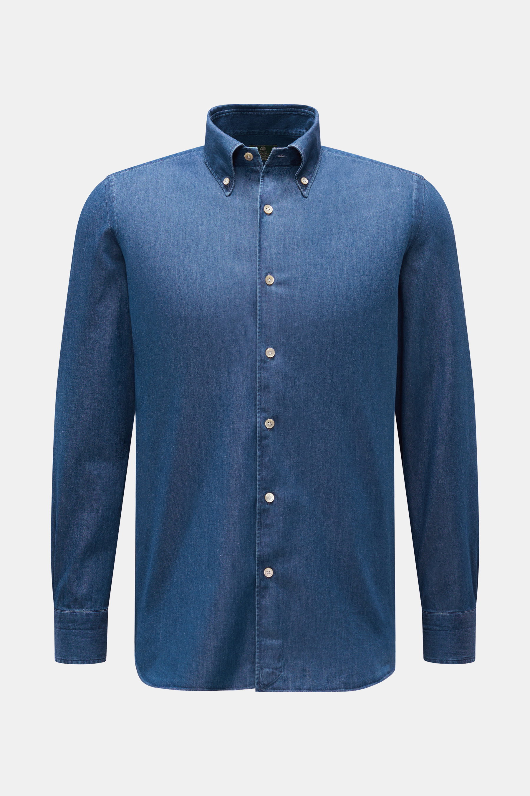 Borrelli Casual Hemd 'Gable' Button-Down-Kragen dunkelblau, reine Baumwolle, Denim-Optik, weicher Griff, Slim Fit, Perlmuttknöpfe, Sportmanschette, Taillenabnäher, schmale Rückenpasse, gerundeter Saum, frontale Ansicht.