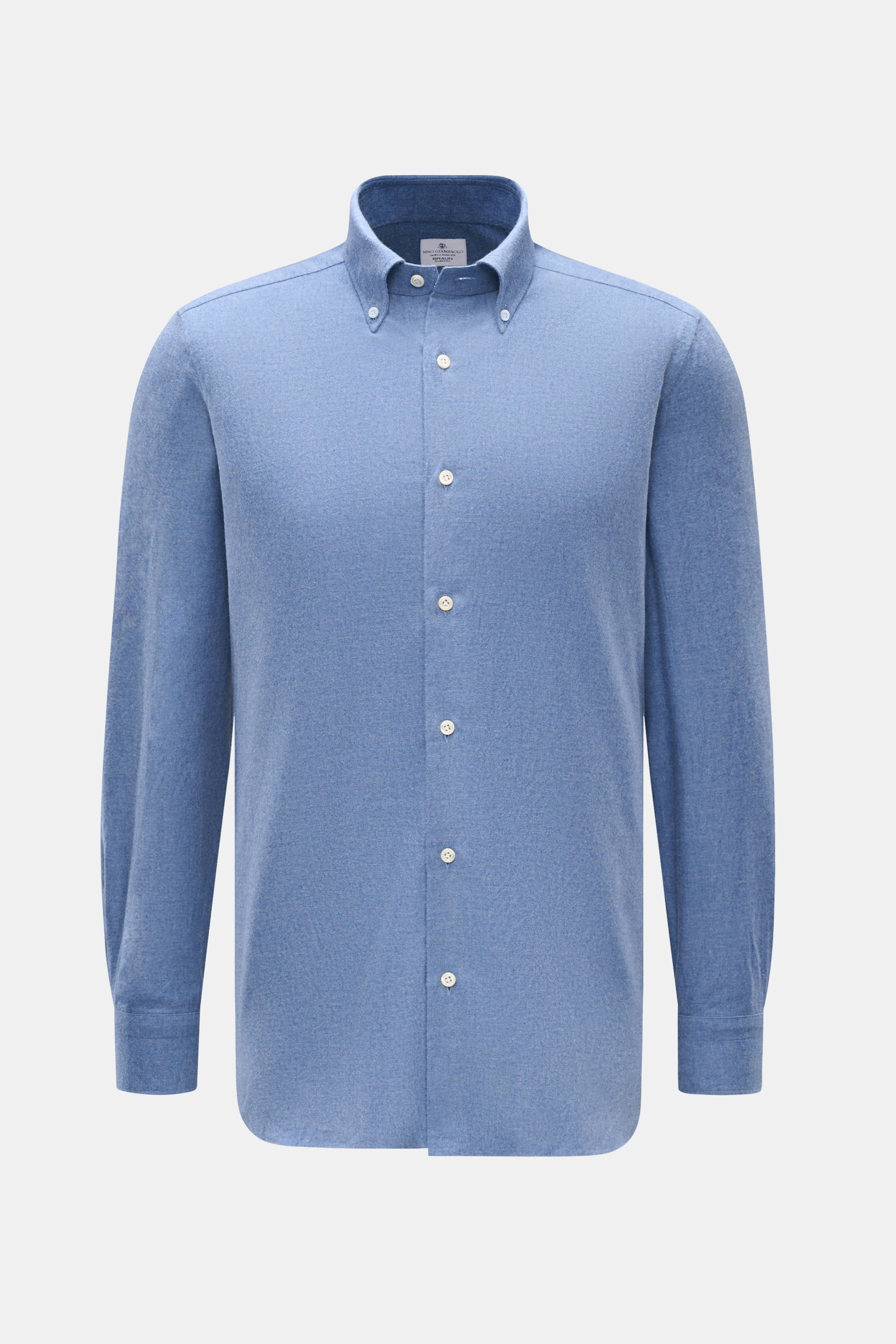 Giampaolo Flanellhemd Button-Down-Kragen blau, Slim Fit, aus reiner Baumwolle, Frontansicht mit französischer Knopfleiste und klassischer Sportmanschette.