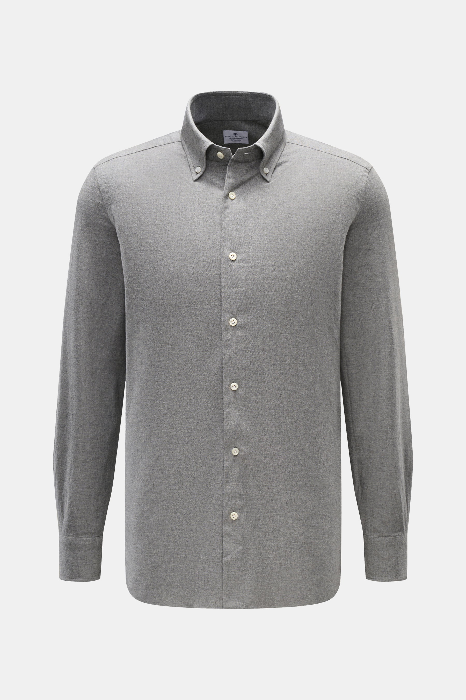 Giampaolo Flanellhemd Button-Down-Kragen grau, frontal fotografiert, Slim Fit, reine Baumwolle, softer Griff, französische Knopfleiste, Sportmanschette, Taillenabnäher, gerundeter Saum.