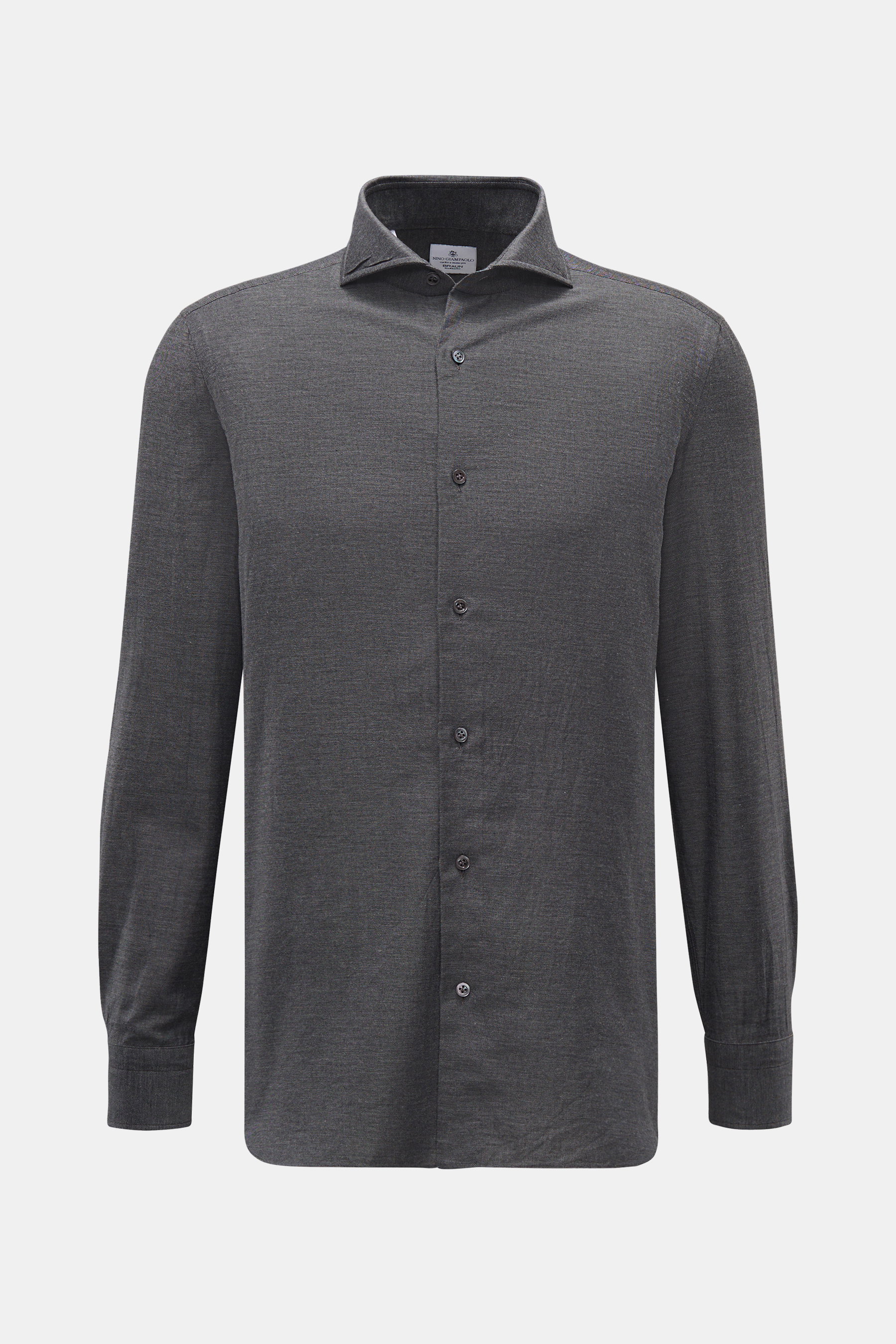 Giampaolo Casual Hemd Haifisch-Kragen dunkelgrau meliert, Slim Fit, Baumwolle-Cashmere, Haifisch-Kragen, französische Knopfleiste, Sportmanschette, Frontalansicht.