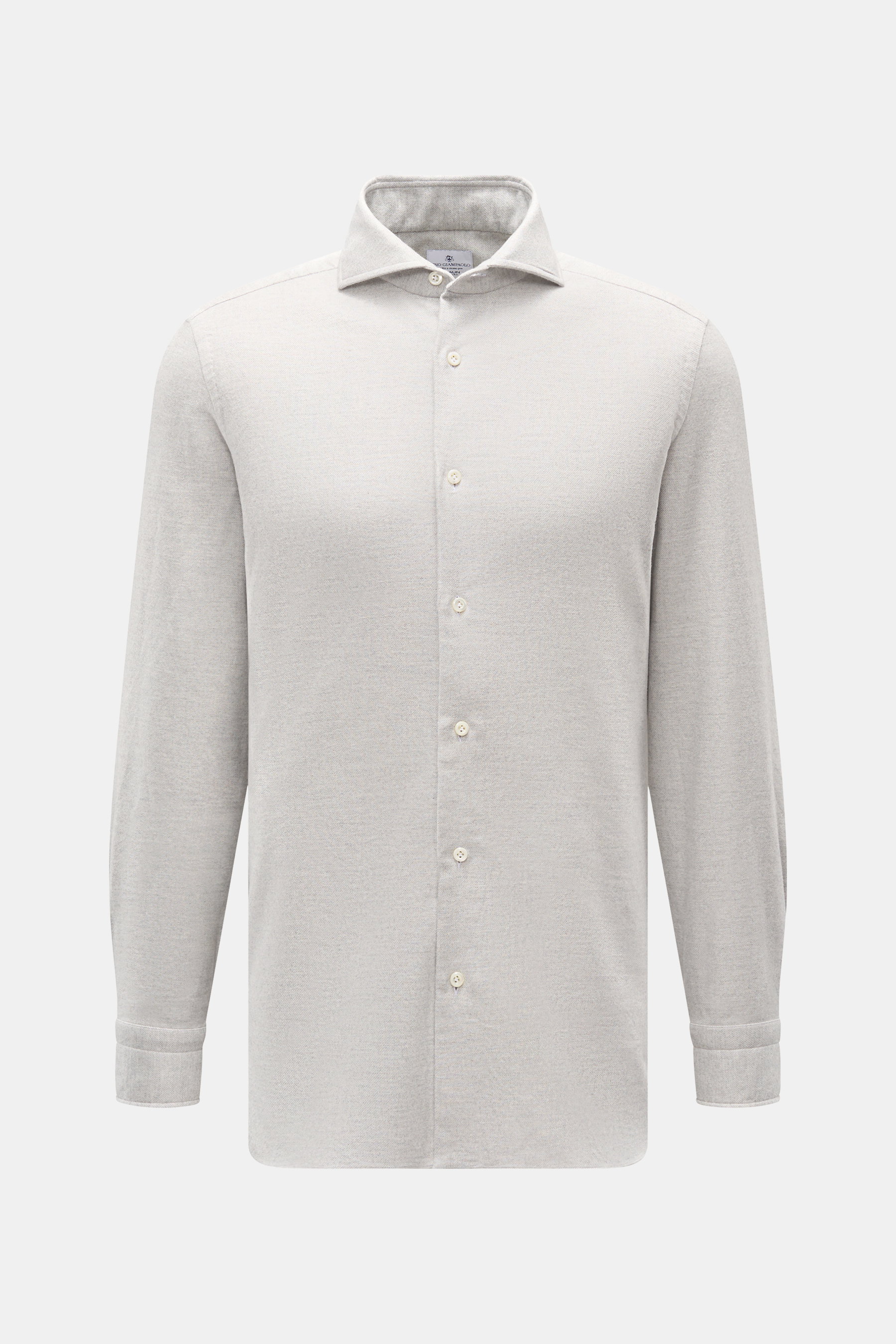 Giampaolo Flanellhemd Haifisch-Kragen hellgrau meliert, frontale Ansicht, Slim Fit, reine Baumwolle, soft, angeraute Oberfläche, französische Knopfleiste, Sportmanschette.