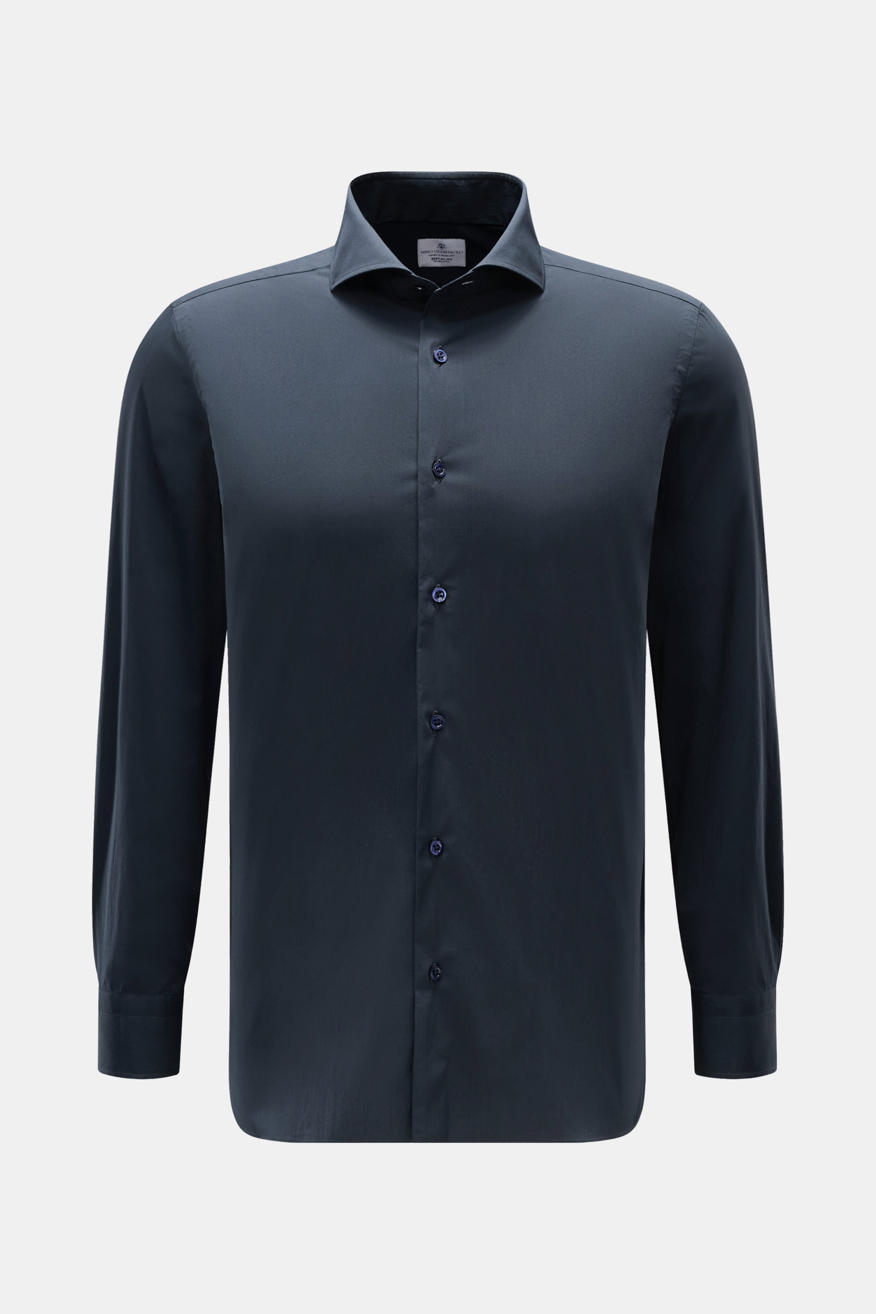Giampaolo Casual-Hemd Haifisch-Kragen navy, frontal fotografiert, Popeline aus Baumwolle und Microfaser, Slim Fit, französische Knopfleiste, Sportmanschette, Taillenabnäher, gerundeter Saum, elastisch, weich und glatt.