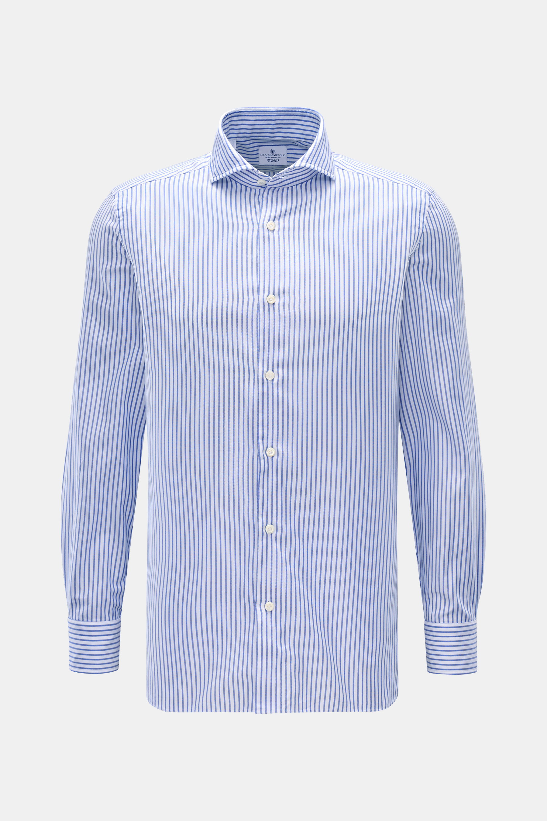 Giampaolo Casual Hemd Haifisch-Kragen navy/weiß gestreift, Frontansicht, Panama aus reiner Baumwolle, Slim Fit, französische Knopfleiste, klassische Sportmanschette, rückwärtige Taillenabnäher, gerundeter Saum, leicht strukturierter Griff.