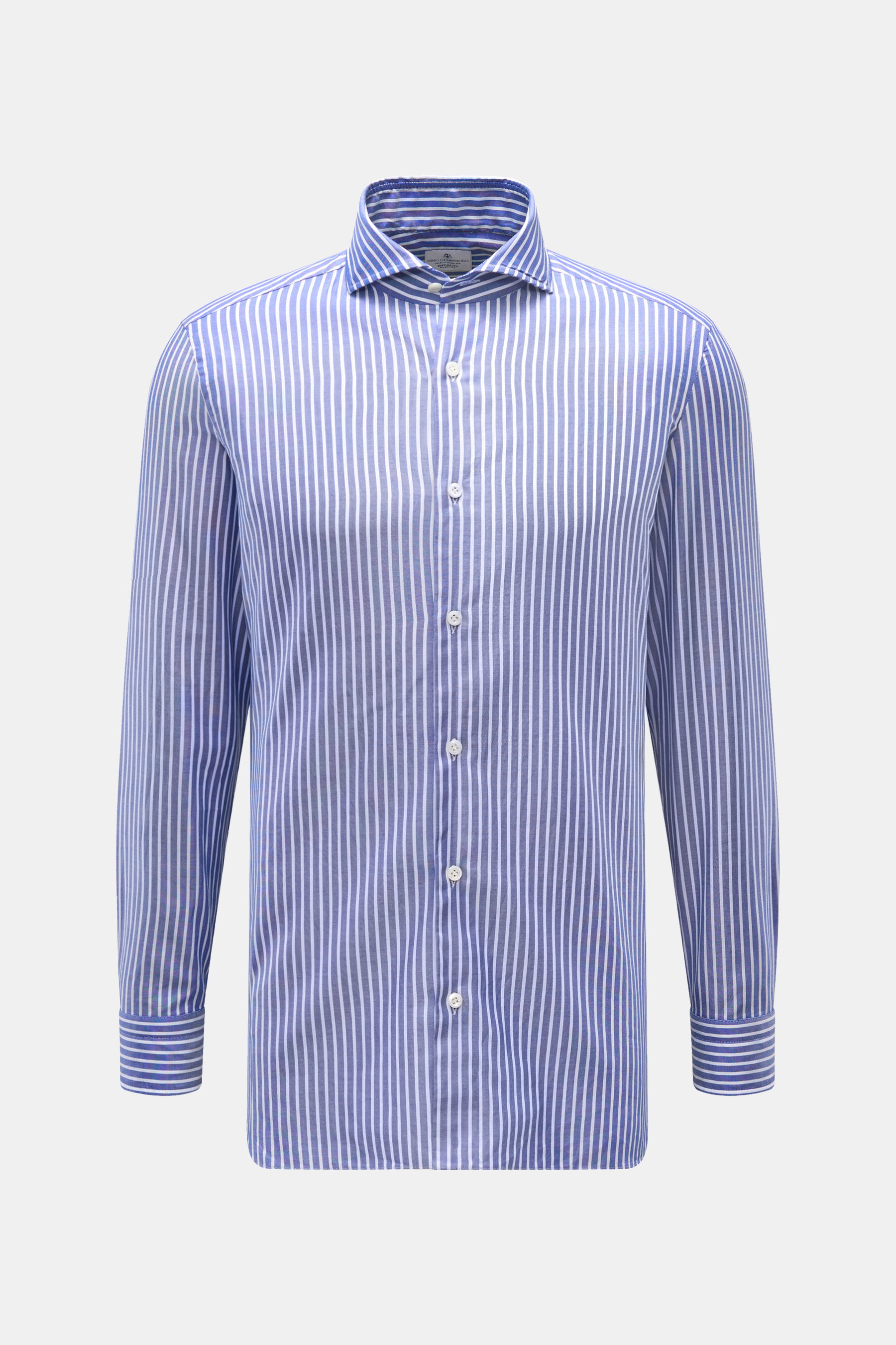 Giampaolo Casual Hemd Haifisch-Kragen navy/weiß gestreift, Slim Fit, Panama Baumwolle, Haifisch-Kragen, französische Knopfleiste, Sportmanschette, Taillenabnäher, gerundeter Saum, frontal fotografiert.