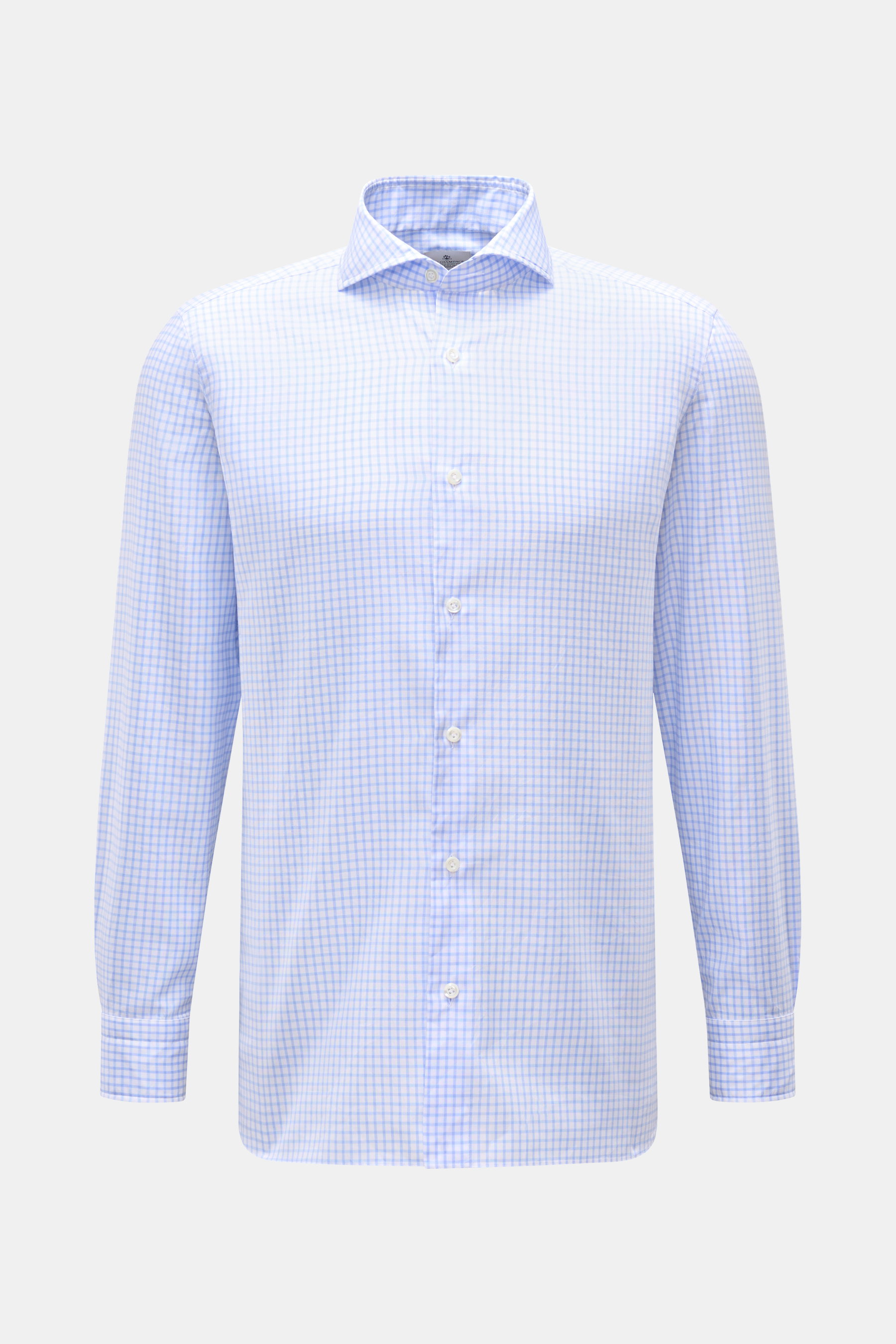 Giampaolo Casual Hemd Haifisch-Kragen hellblau/weiß kariert, Slim Fit, Panama aus reiner Baumwolle, Haifisch-Kragen, französische Knopfleiste, Sportmanschette, Taillenabnäher, gerundeter Saum, Frontansicht.