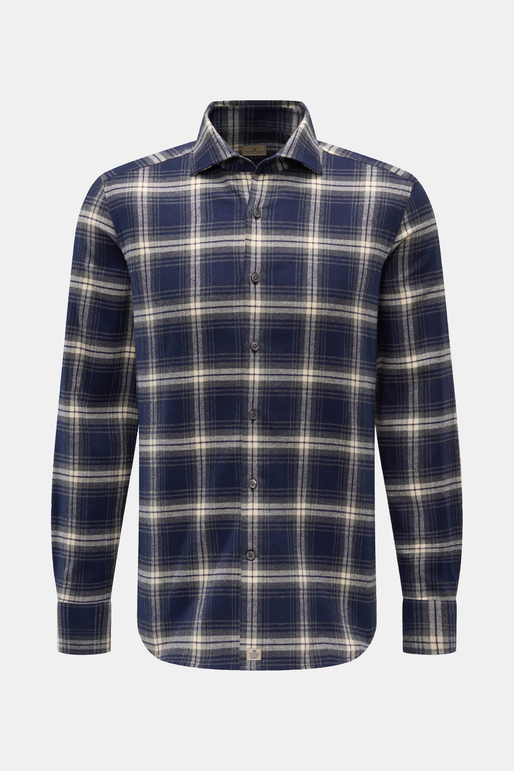 Front view of the Sonrisa Flanellhemd Haifisch-Kragen navy/grau/offwhite kariert, a slim fit flannel shirt with soft pure cotton, classic check pattern, shark collar, French placket, sport cuffs, rounded hem, and small label at hem. Leger und komfortabel: