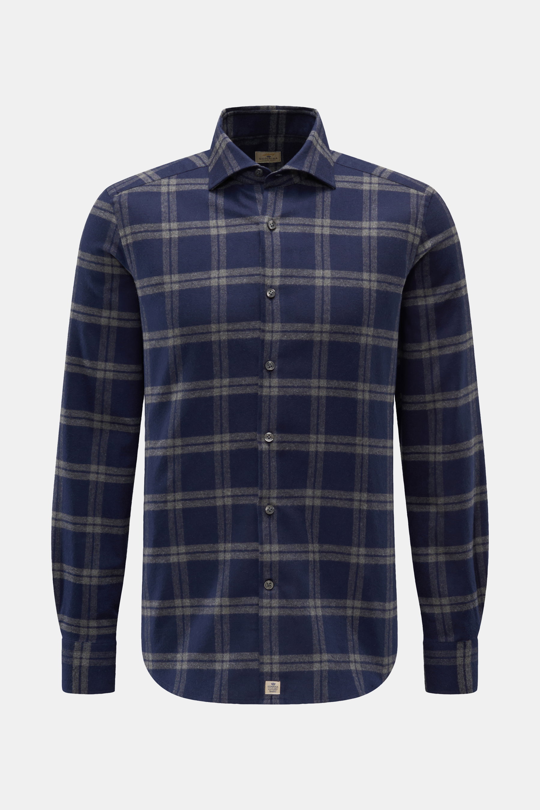 Front view of the Sonrisa Flanellhemd Haifisch-Kragen navy/grau kariert, a slim fit flannel shirt in pure cotton with soft feel, classic check pattern, shark collar, French button placket, sport cuffs, slightly rounded hem, and small sewn label at the hem