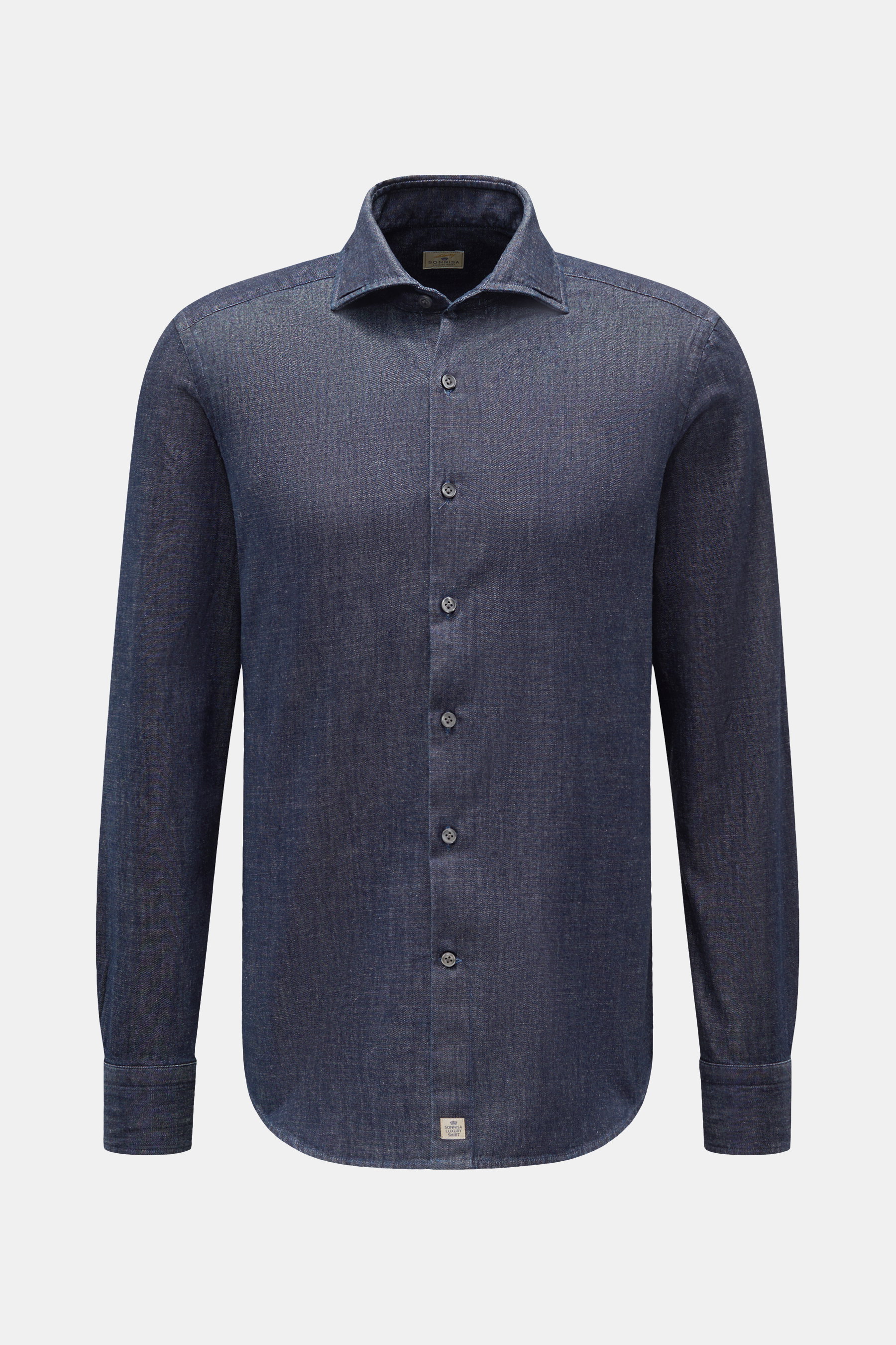 Sonrisa Jeanshemd Haifisch-Kragen dark navy, Slim Fit Denim Baumwolle, französische Knopfleiste, Sportmanschette, leicht gerundeter Saum, frontale Aufnahme.