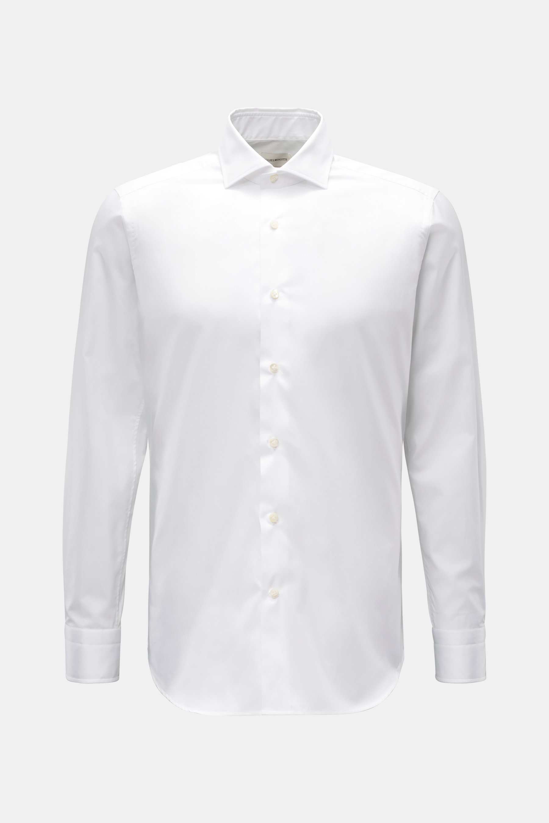 Guglielminotti Casual Hemd Haifisch-Kragen weiß, frontale Aufnahme, Twill aus reiner Baumwolle, weicher Griff, Regular Fit, Haifisch-Kragen, französische Knopfleiste, Sportmanschette, Taillenabnäher, gerundeter Saumverlauf.