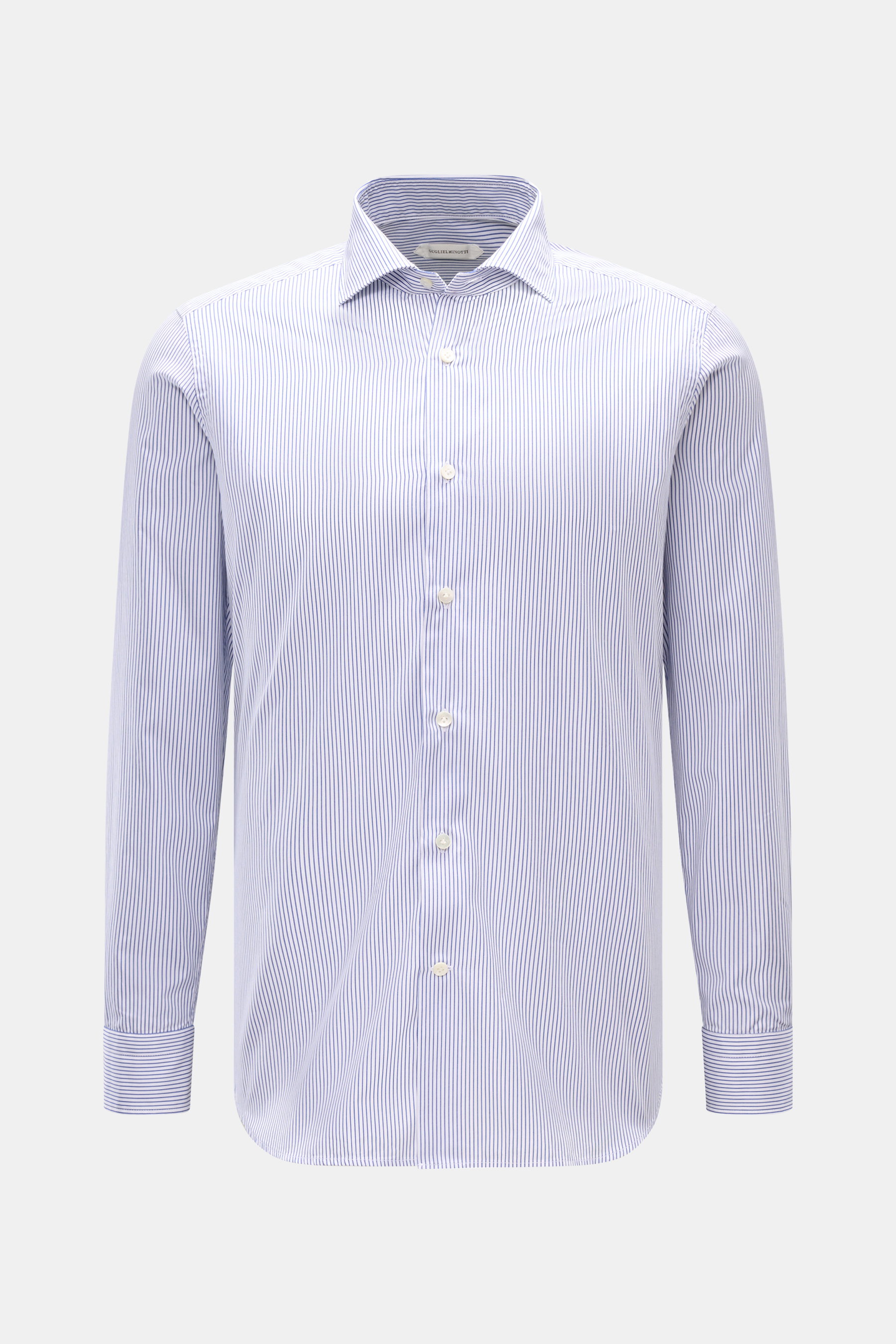 Guglielminotti Casual Hemd Haifisch-Kragen dunkelblau/weiß gestreift, Frontansicht, reine Baumwolle, glatter Griff, leichte Qualität, Slim Fit, französische Knopfleiste, Sportmanschette, Taillenabnäher, gerundeter Saum.