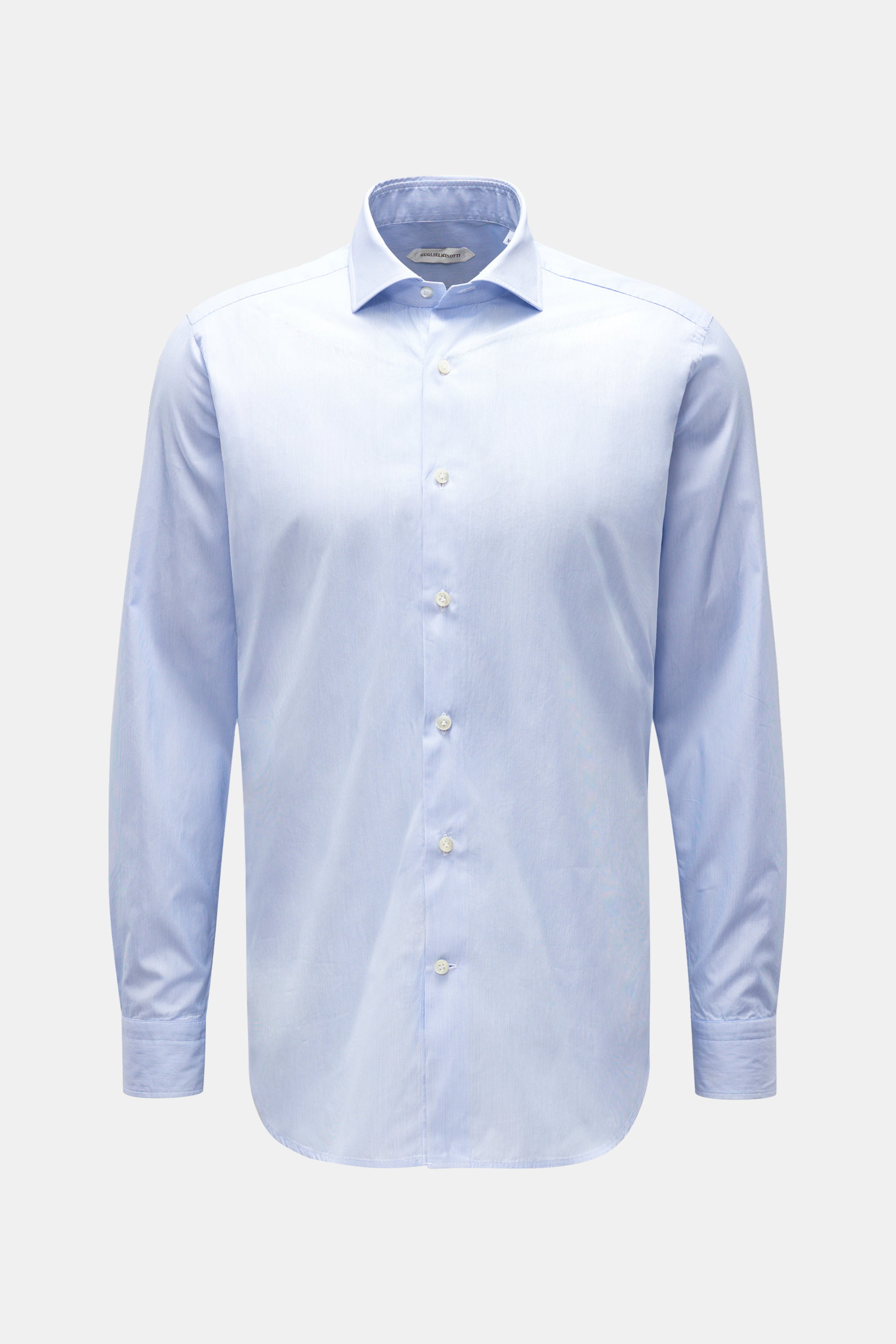 Guglielminotti Casual Hemd Haifisch-Kragen blau/weiß gestreift, Slim Fit, reine Baumwolle, glatter Griff, leichte Qualität, französische Knopfleiste, Sportmanschette, Taillenabnäher, gerundeter Saum, frontal fotografiert.