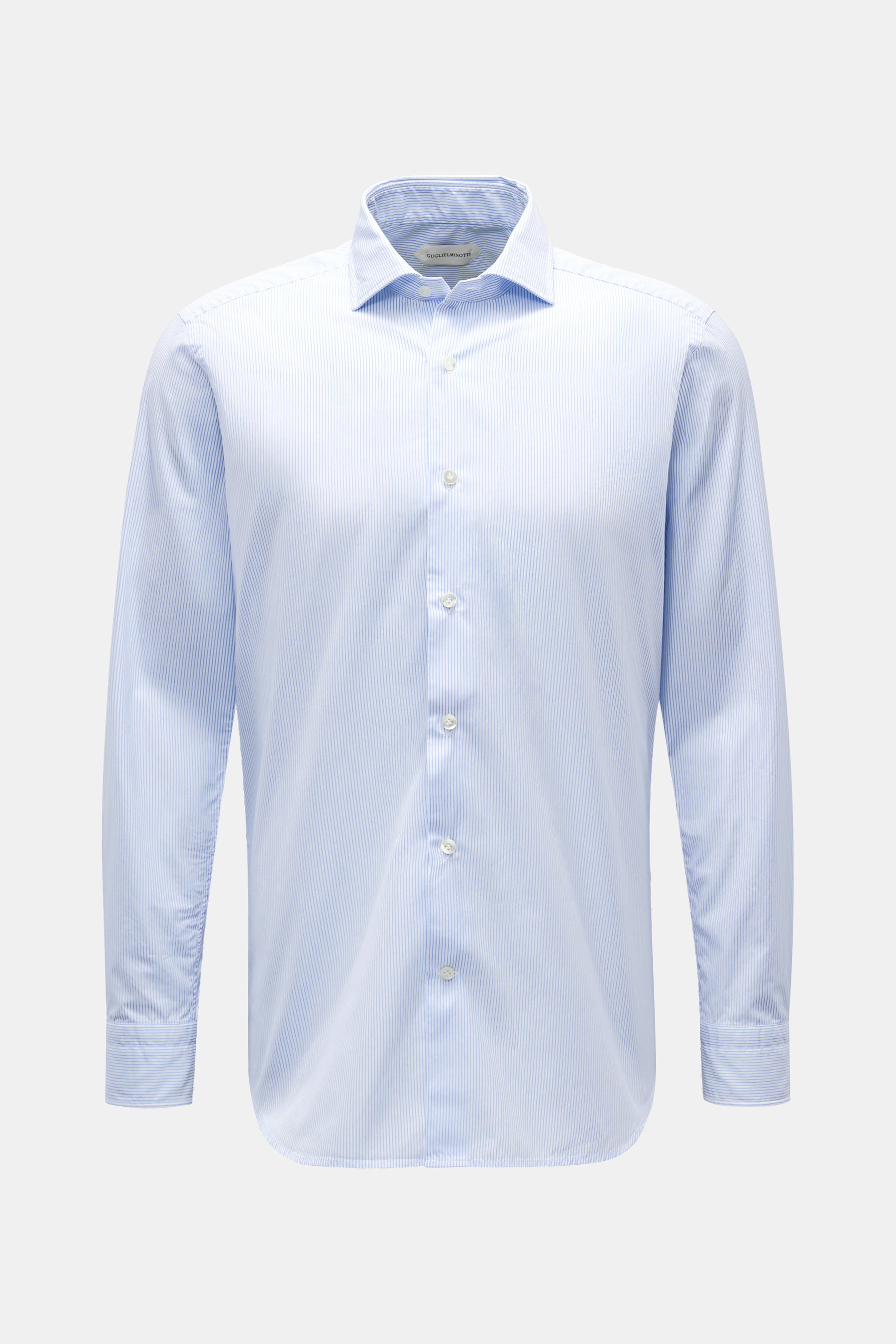 Guglielminotti Casual Hemd Haifisch-Kragen blau/weiß gestreift, frontal fotografiert, reine Baumwolle, glatter Griff, leichte Qualität, Slim Fit, französische Knopfleiste mit Perlmuttknöpfen, klassische Sportmanschette, rückwärtige Taillenabnäher, gerunde