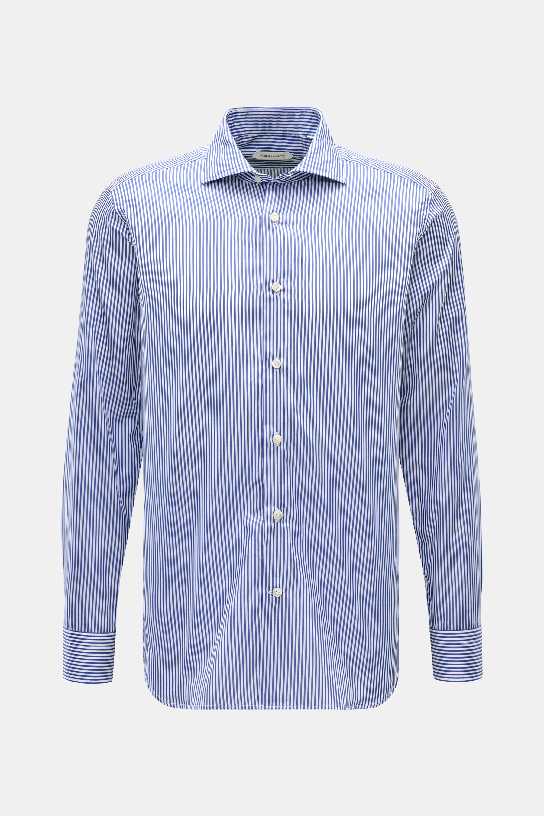 Guglielminotti Casual Hemd Haifisch-Kragen navy/weiß gestreift, frontal fotografiert, feiner Gabardine aus reine Baumwolle, glatter Griff, sehr leichte Qualität, Slim Fit, französische Knopfleiste mit Perlmuttknöpfen, klassische Sportmanschette, rückwärti