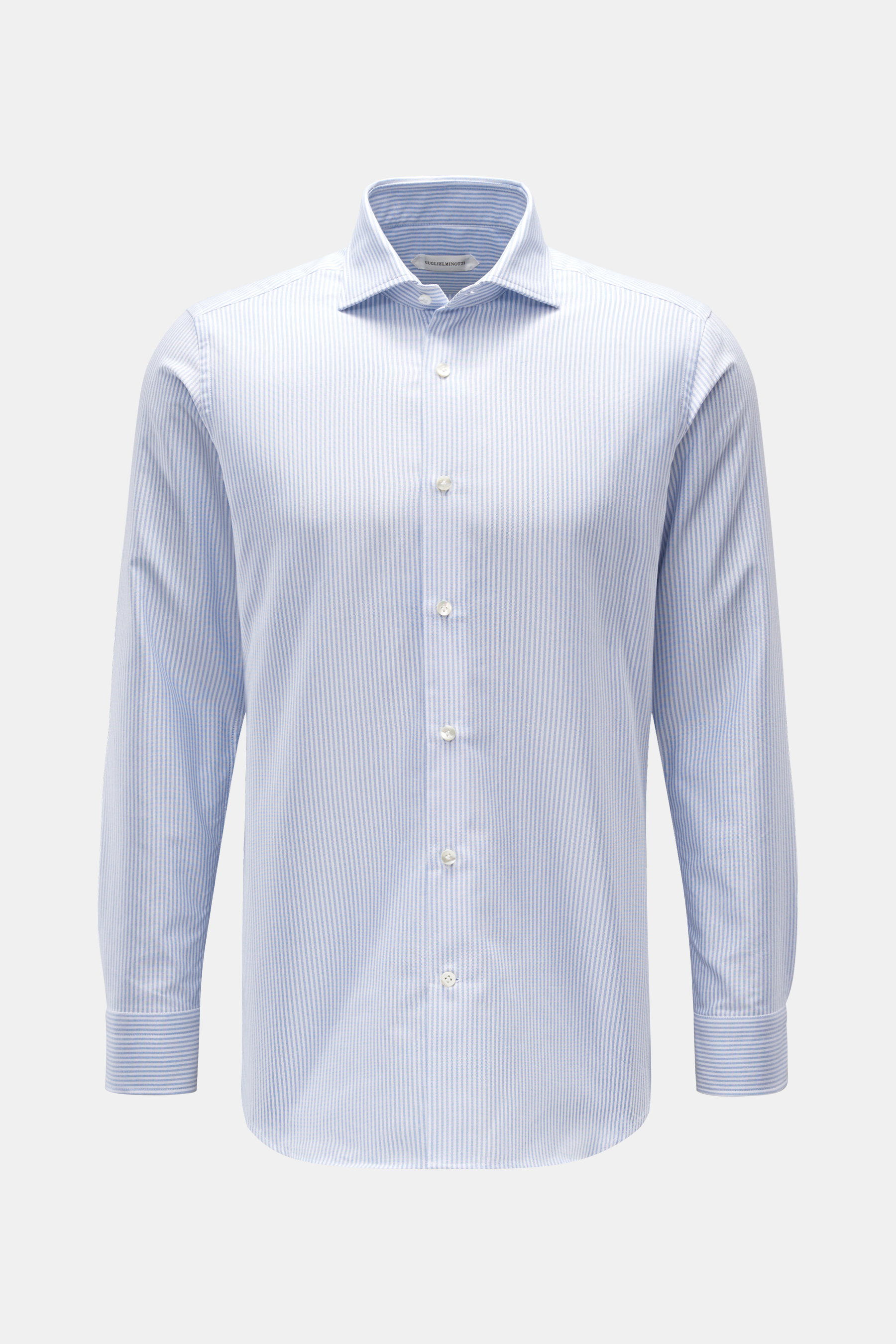 Guglielminotti Oxfordhemd Haifisch-Kragen blau/weiß gestreift, Slim Fit, Oxford reine Baumwolle, stabile Qualität, klassische Sportmanschette, französische Knopfleiste, schmale Rückenpasse, Taillenabnäher, gerundeter Saum, frontale Ansicht.