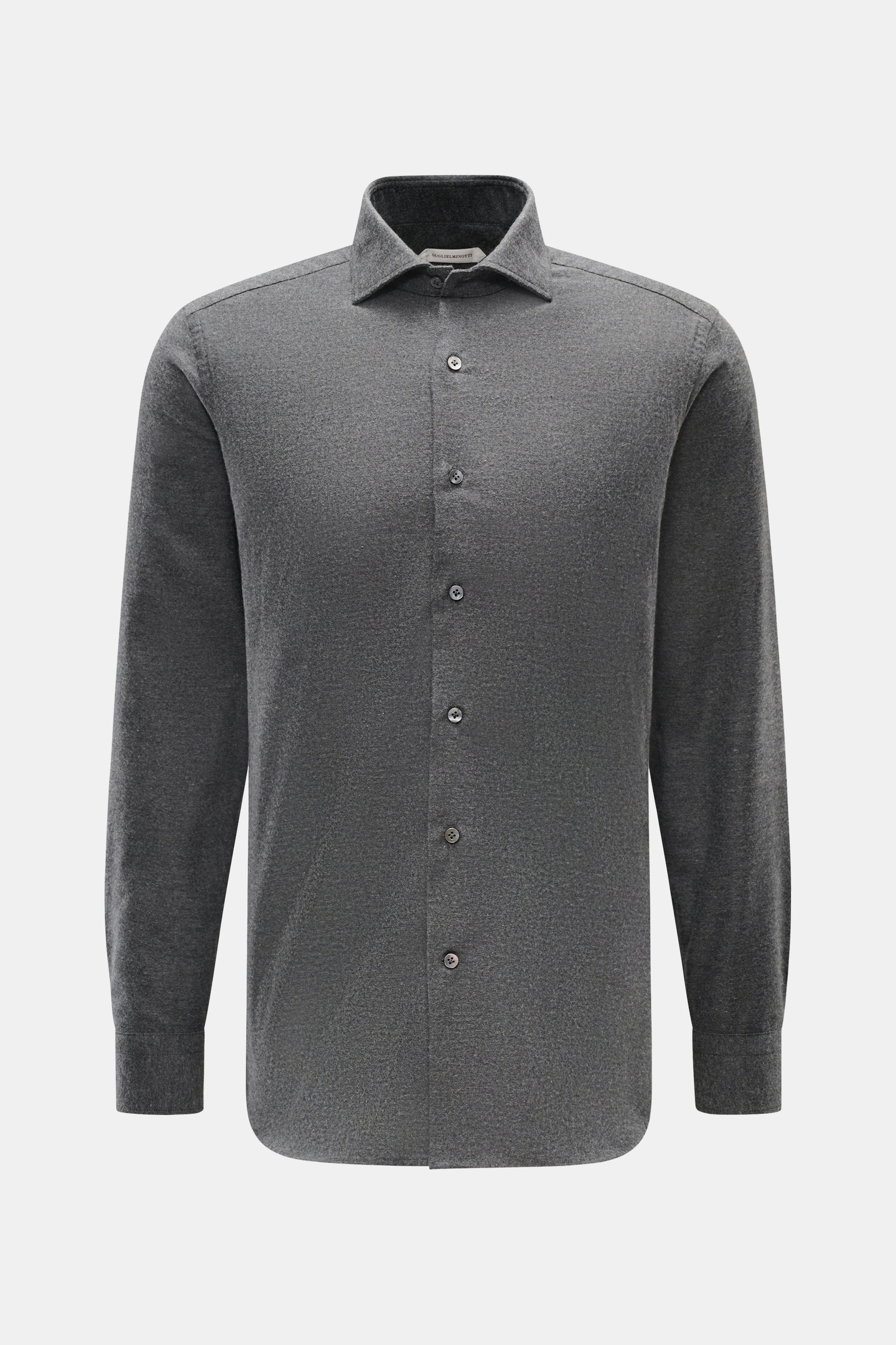 Guglielminotti Flanellhemd Haifisch-Kragen dunkelgrau meliert, Frontansicht, Regular Fit, weicher Griff, Baumwolle-Cashmere, französische Knopfleiste, Sportmanschette, Taillenabnäher, gerundeter Saum.