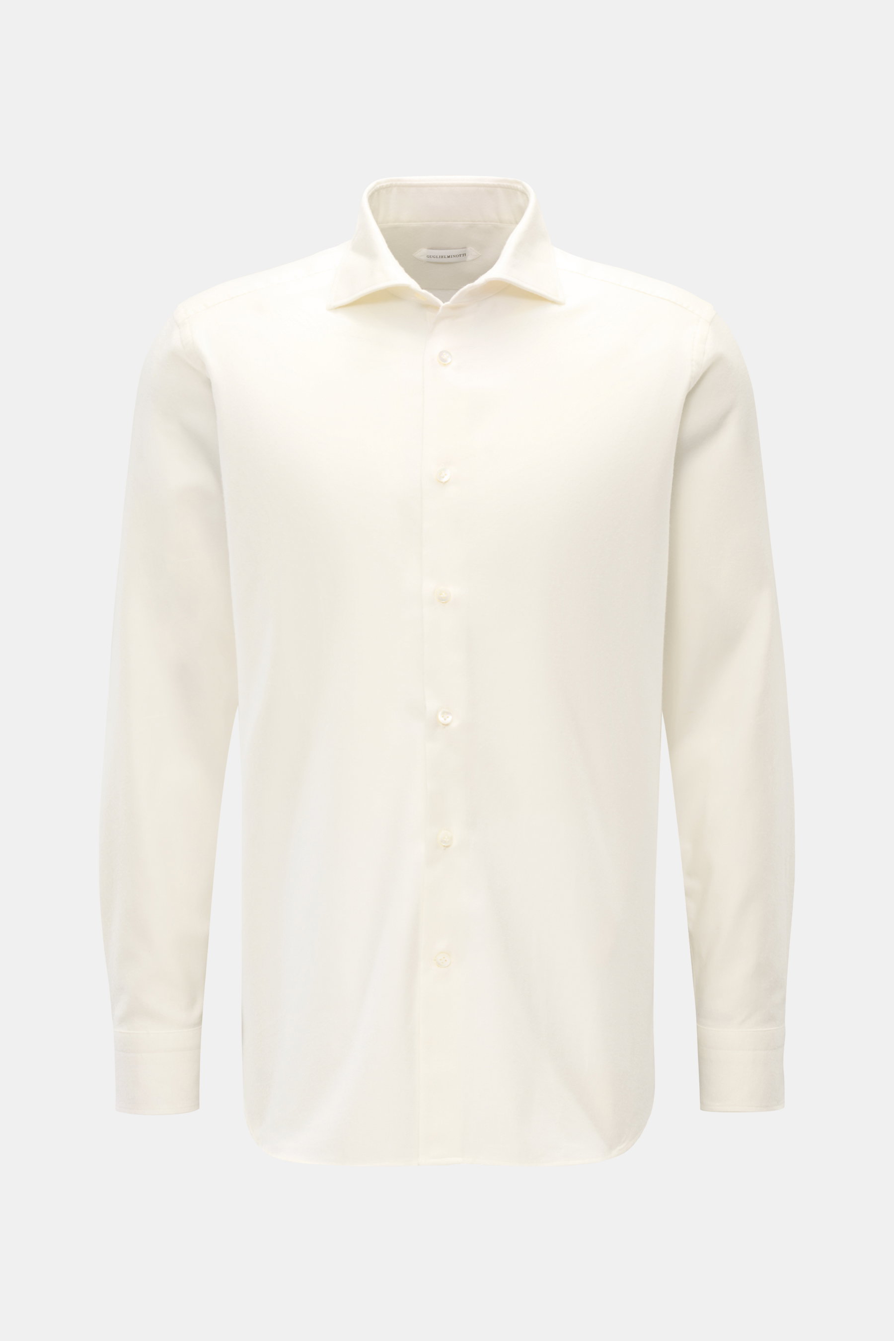 Guglielminotti Flanellhemd Haifisch-Kragen creme, frontale Ansicht, Slim Fit, Flanell aus Baumwolle und Cashmere, weicher Griff, französische Knopfleiste, klassische Sportmanschette, rückwärtige Taillenabnäher, gerundeter Saumverlauf.