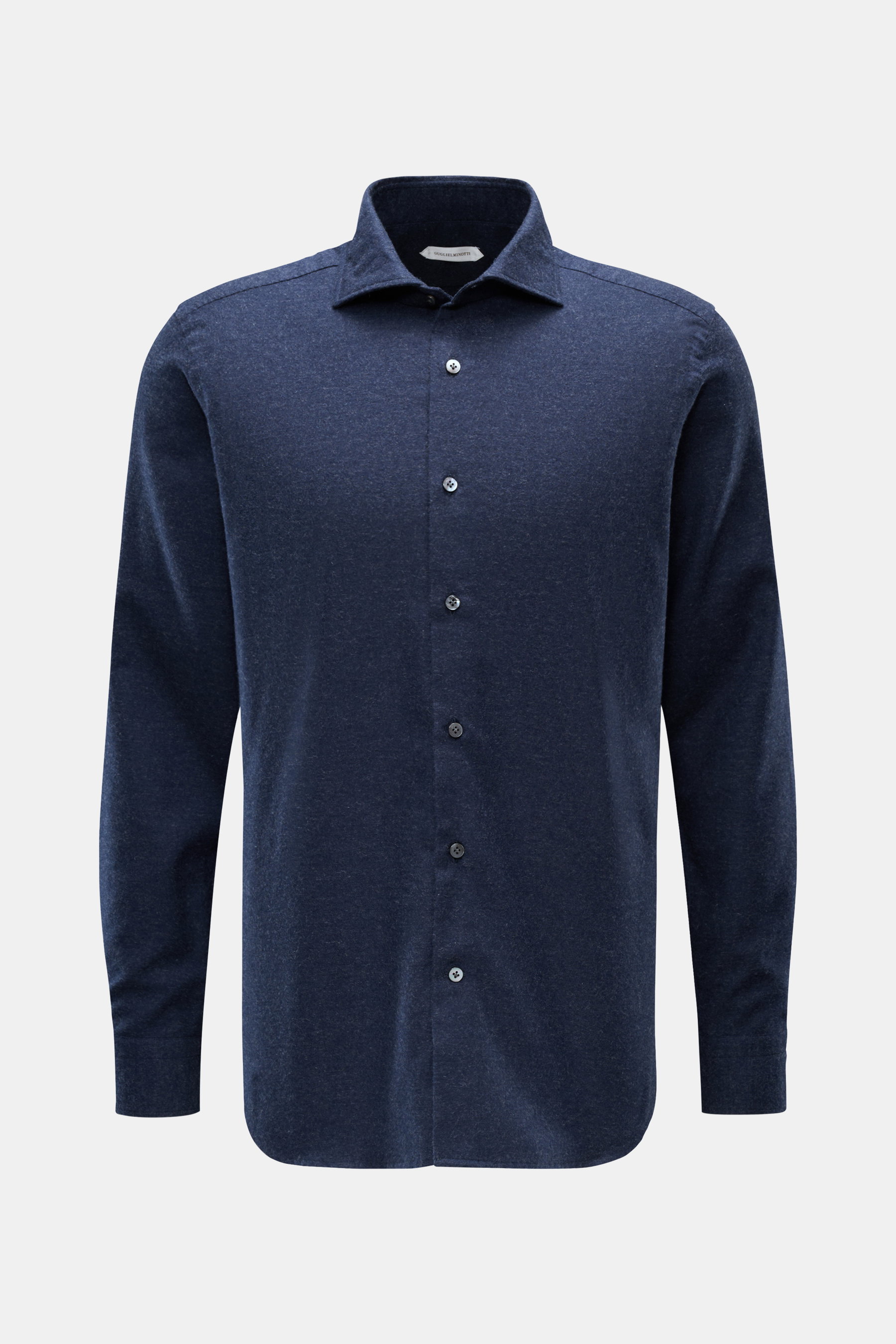 Guglielminotti Flanellhemd Haifisch-Kragen navy meliert, frontale Ansicht, Slim Fit, weicher Griff, Baumwolle-Cashmere, französische Knopfleiste, klassische Sportmanschette, Taillenabnäher, gerundeter Saum.