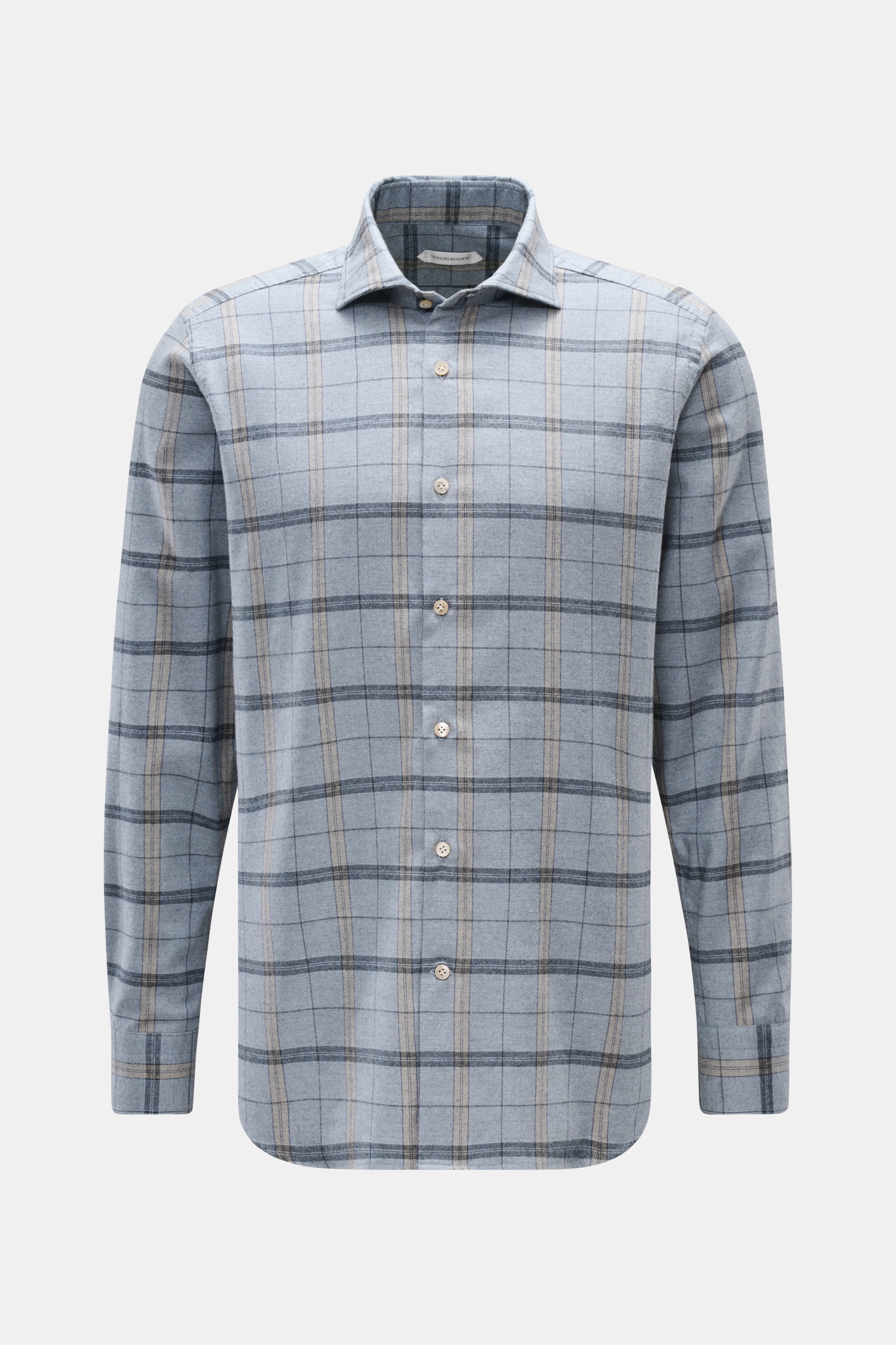 Guglielminotti Flanellhemd Haifisch-Kragen grau/dunkelgrau/beige kariert, Slim Fit, weicher Griff, Baumwolle und Cashmere, frontale Ansicht.