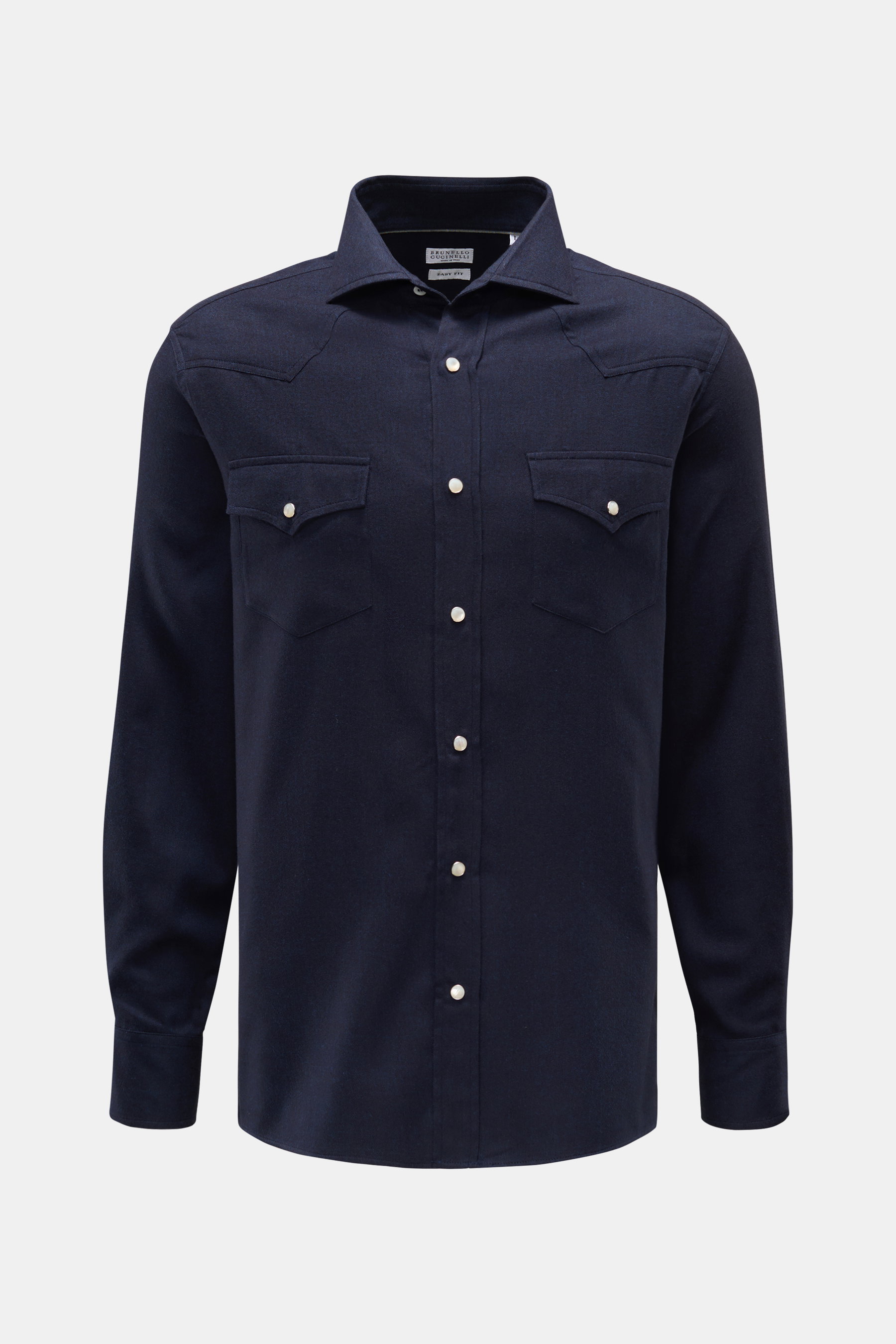 Brunello Cucinelli Casual Hemd Haifisch-Kragen navy, frontale Ansicht mit tonalem Fischgrat, Mix aus Baumwolle und Lyocell, softer Griff, Regular Fit, aufgesetzte Brusttaschen, Schulterpasse Wester-Stil, geschwungene Rückenpasse, klassische Sportmanschett