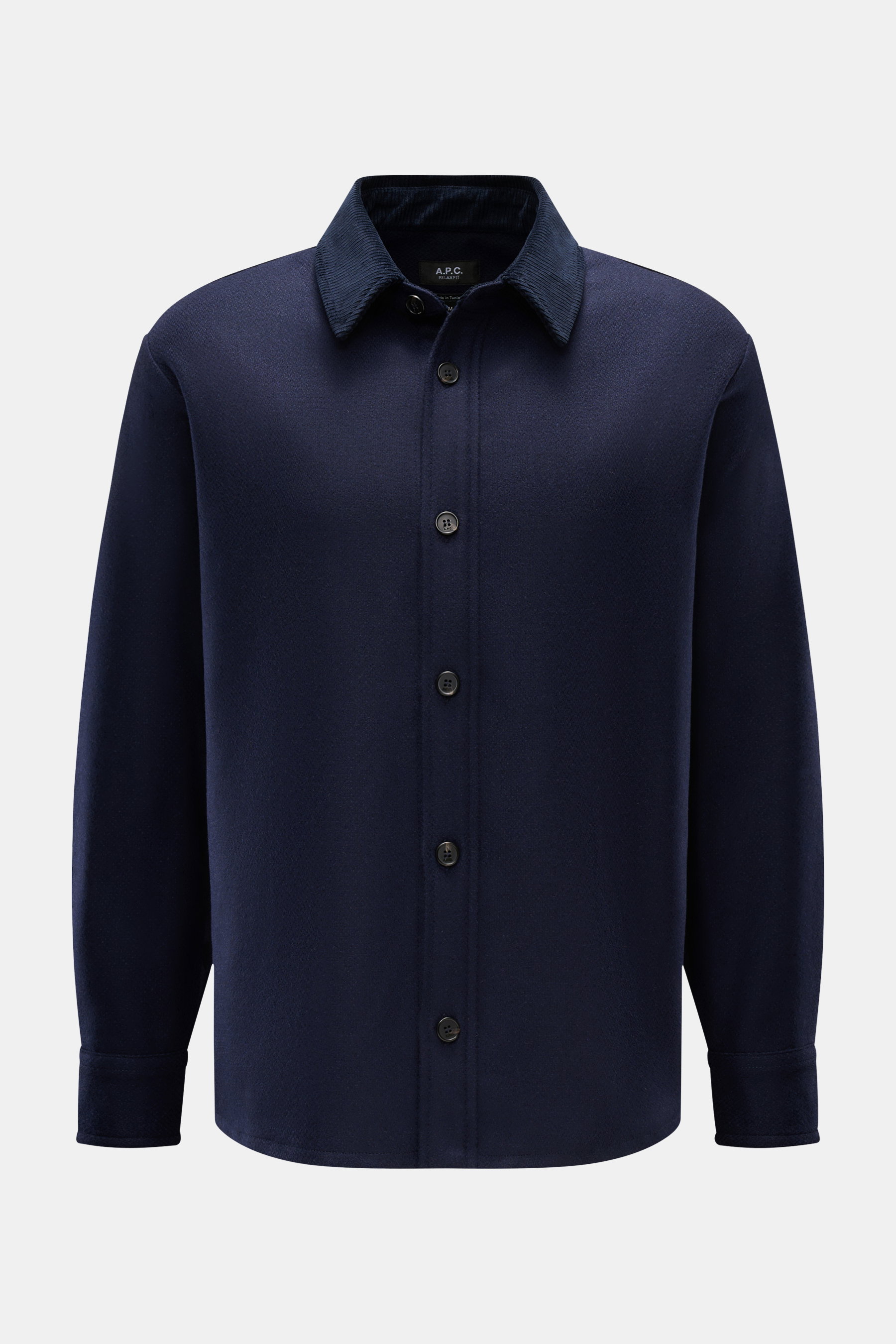 A.P.C. Casual Hemd 'Bernardo' Kent-Kragen navy, frontale Aufnahme, Relax Fit, Woll-Microfaser-Mix, Cord-Kragen und Manschetten, Knopfleiste.