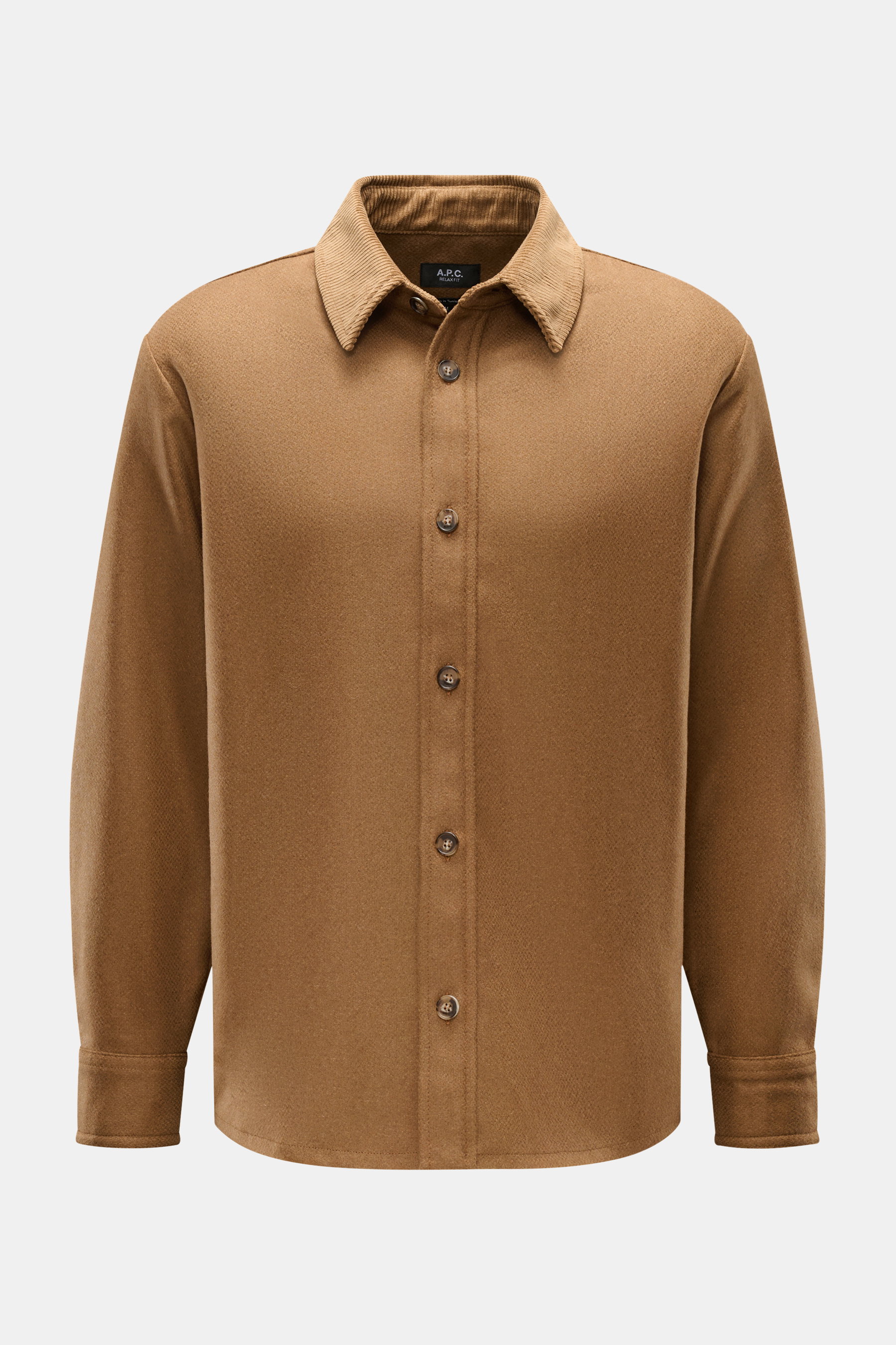 A.P.C. Casual Hemd 'Bernardo' Kent-Kragen hellbraun, frontal fotografiert, aus Wolle und Microfaser mit Cord-Kragen und Manschetten, Relax Fit.