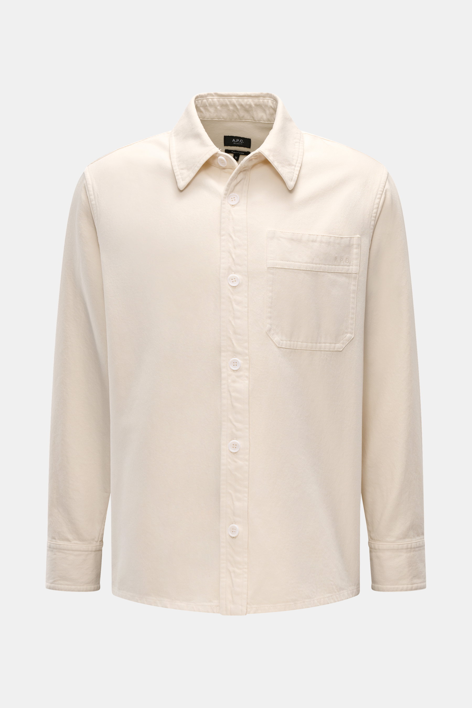 A.P.C. Overshirt 'Basile' creme, frontale Aufnahme, Twill aus Baumwolle, Oversized Fit, Umlegekragen, Brusttasche mit Logo, Knopfleiste, Knopfärmel.