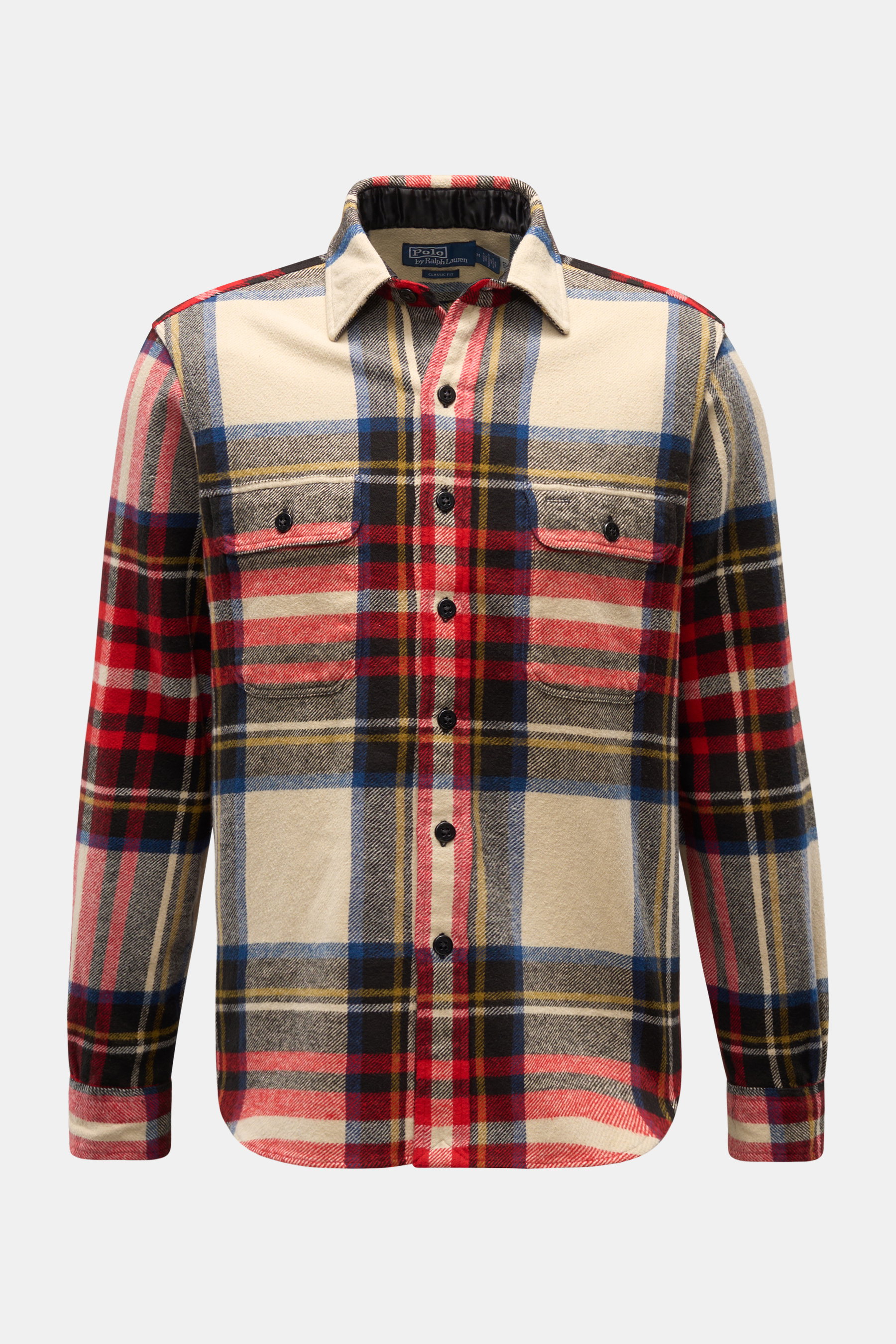 Vorderansicht des Polo Ralph Lauren Flanellhemds Kent-Kragen beige/rot/dunkelblau kariert, Oversized Fit, reine Baumwolle, weicher Griff, Brusttaschen, klassische Sportmanschetten, gerundeter Saum.