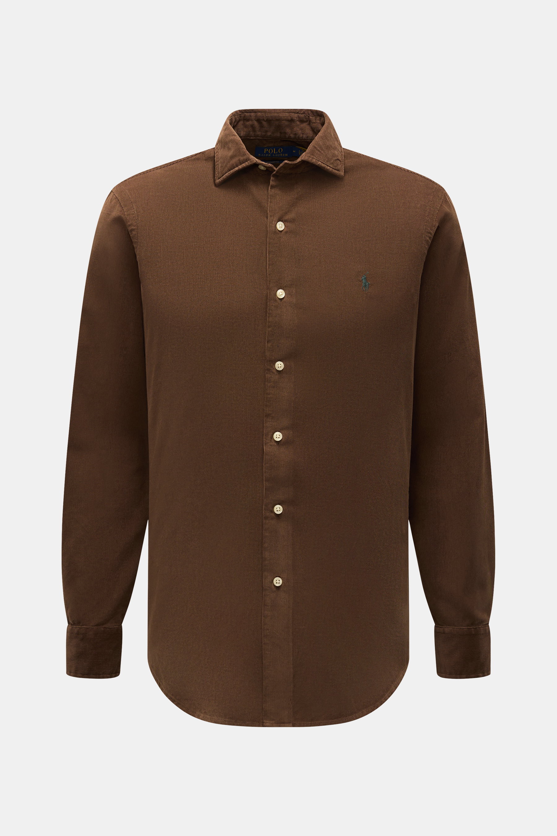 Front view of a brown Polo Ralph Lauren Cord-Hemd Haifisch-Kragen braun made of pure cotton corduroy with shark collar, soft touch, regular fit, brand logo on chest, French button placket, classic sport cuffs, and rounded hem. <p>Stilvoll durch die neue S