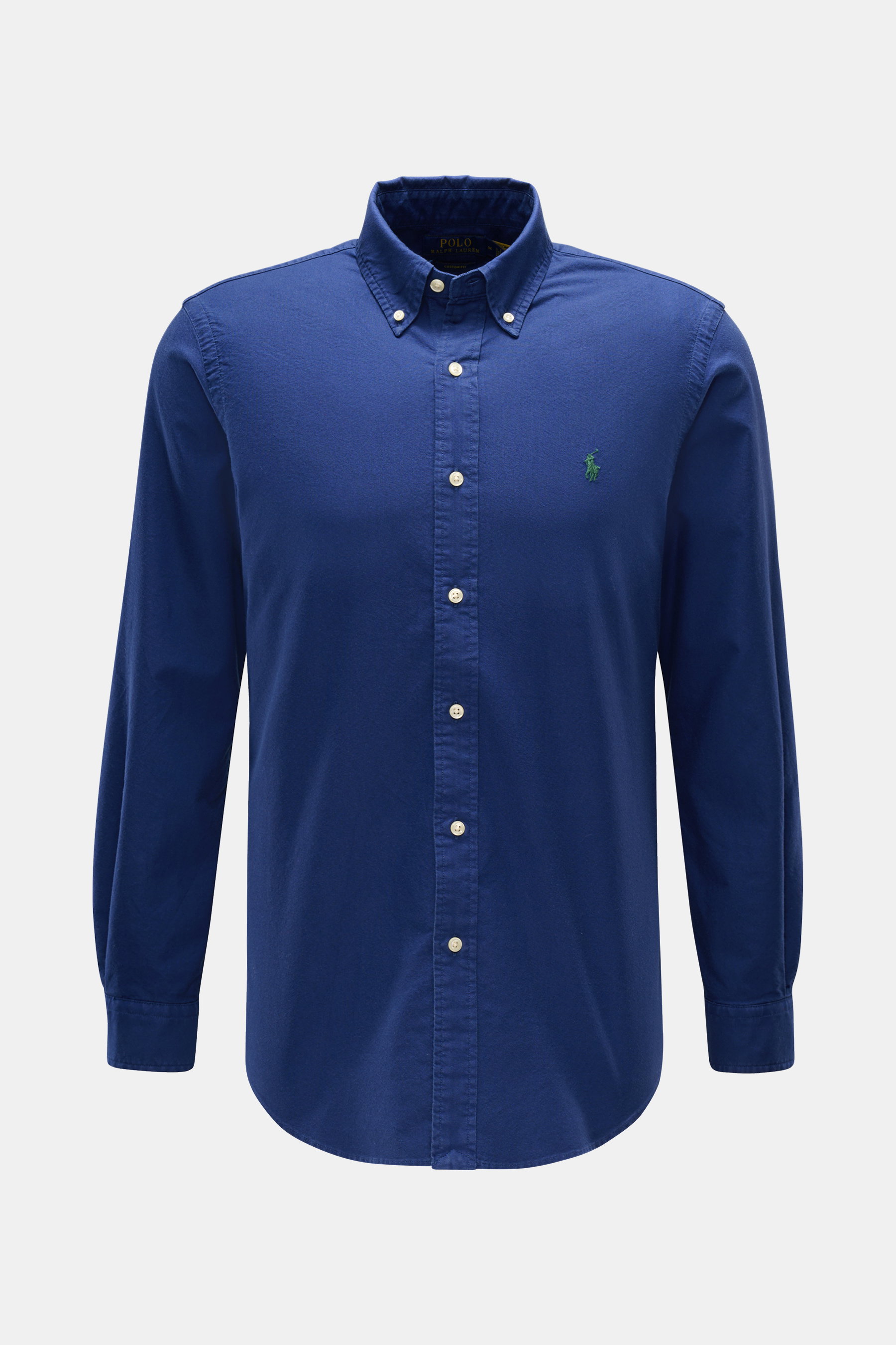 Polo Ralph Lauren Oxford-Hemd Button-Down-Kragen dunkelblau, sportliches Baumwollhemd mit Button-Down-Kragen, Polo-Reiter-Stitching, Frontansicht.