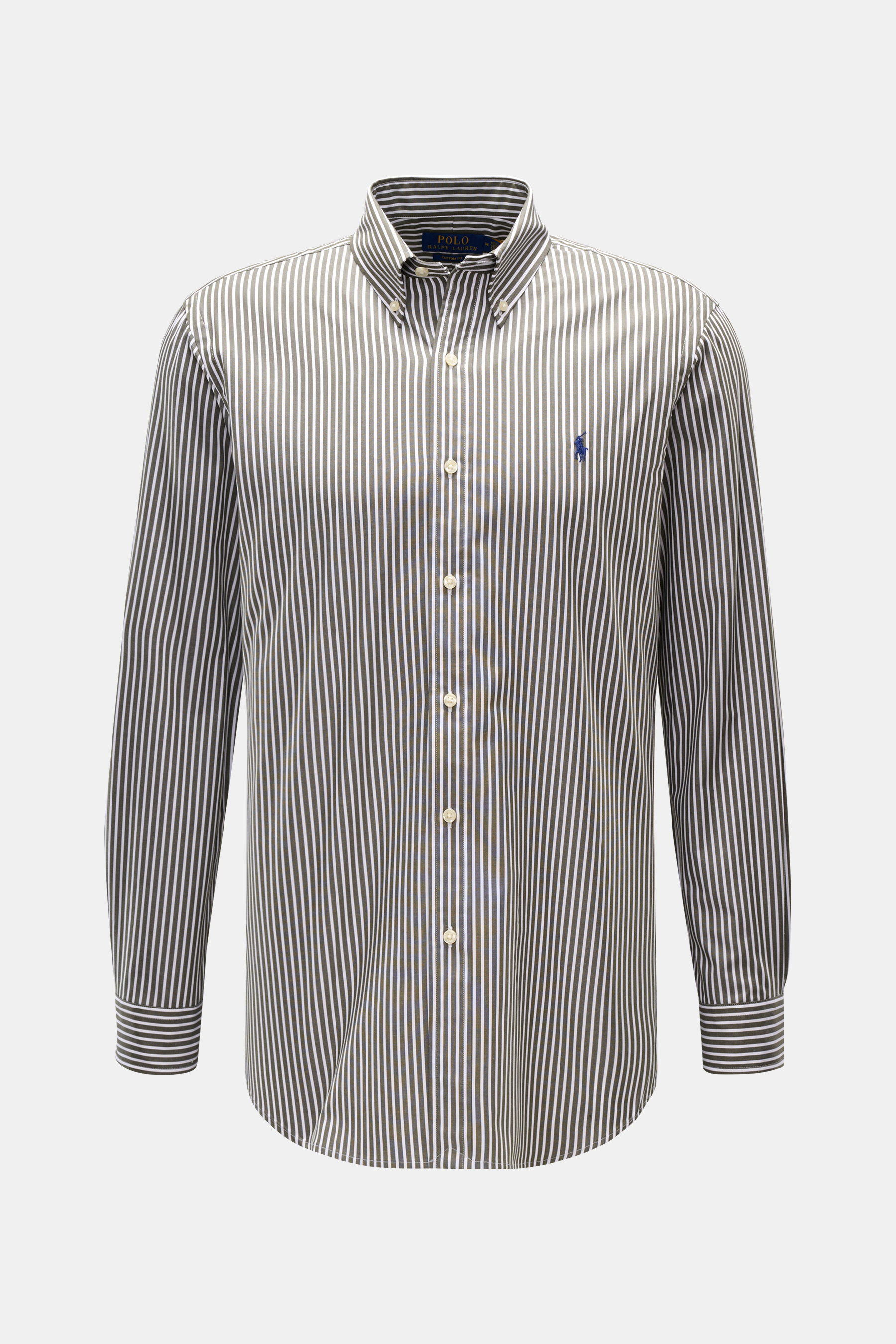 Polo Ralph Lauren Casual Hemd Button-Down-Kragen dunkelgrün/weiß gestreift, Slim Fit, Popeline, Knopfleiste, Sportmanschette, frontale Nahaufnahme.
