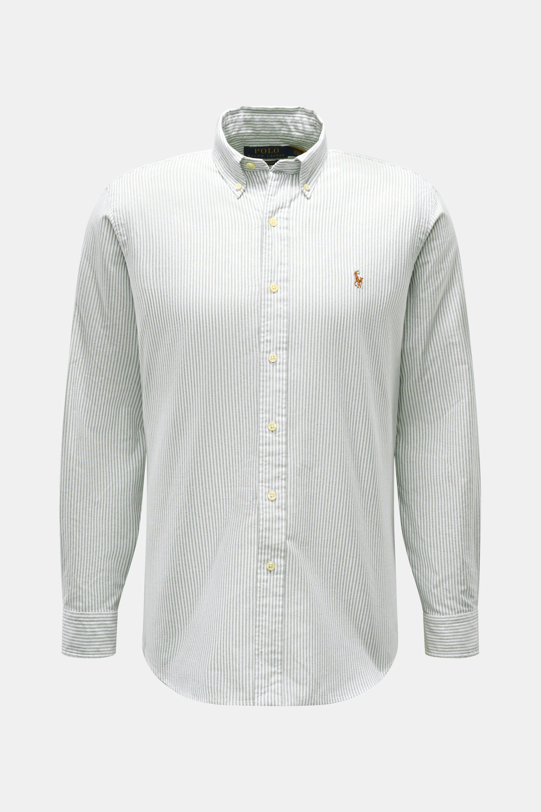 Polo Ralph Lauren Oxford-Hemd Button-Down-Kragen dunkelgrün/weiß gestreift, sportlich, reine Baumwolle, Frontansicht, Polospieler-Stitching.