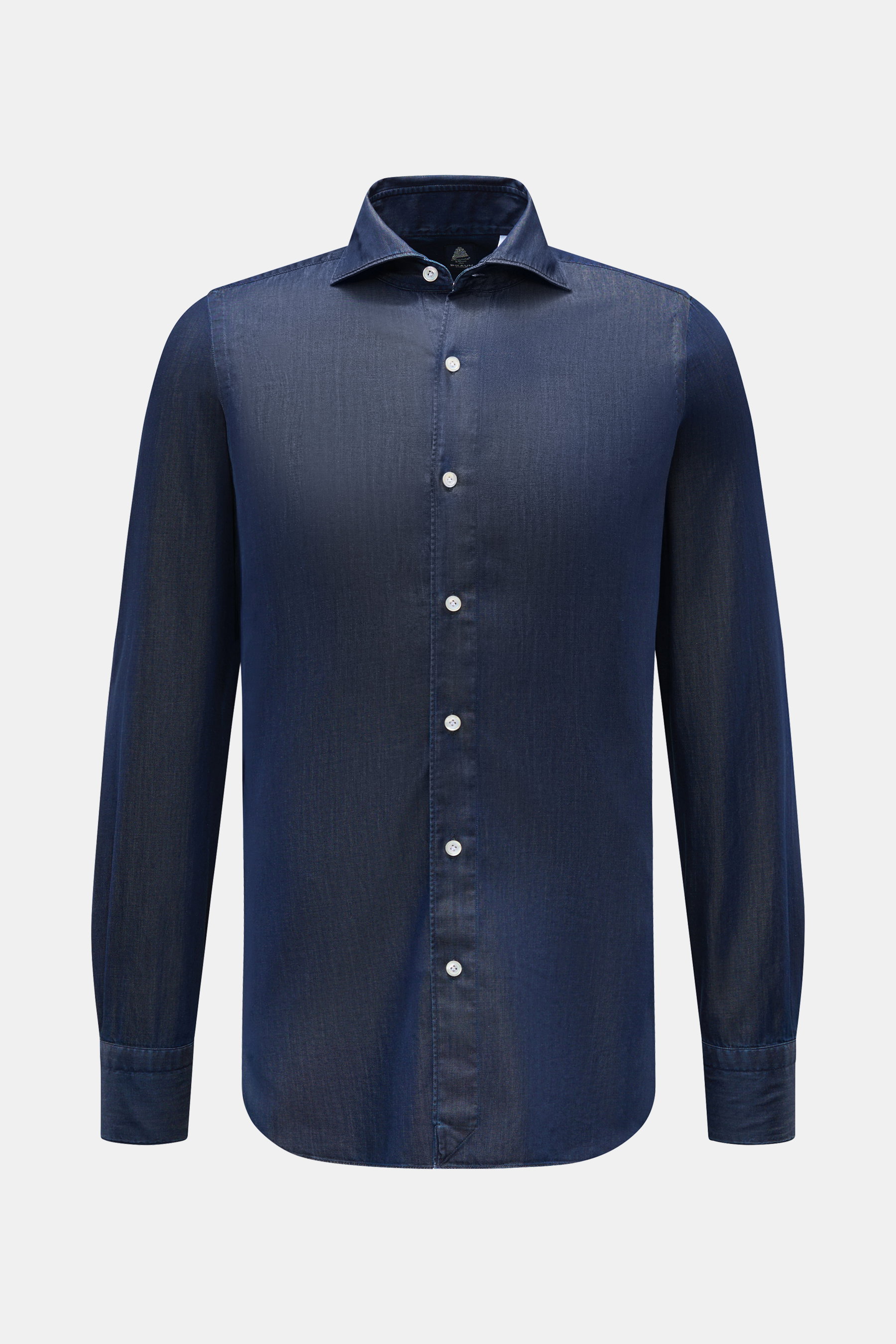 Finamore Casual Hemd 'Edoardo Gaeta' Haifisch-Kragen navy, frontale Ansicht, Gabardine Baumwolle, weicher Griff, leichte Qualität, Regular Fit, Denim-Optik, extralange Ärmel, französische Knopfleiste, Sportmanschette, gerundeter Saum.