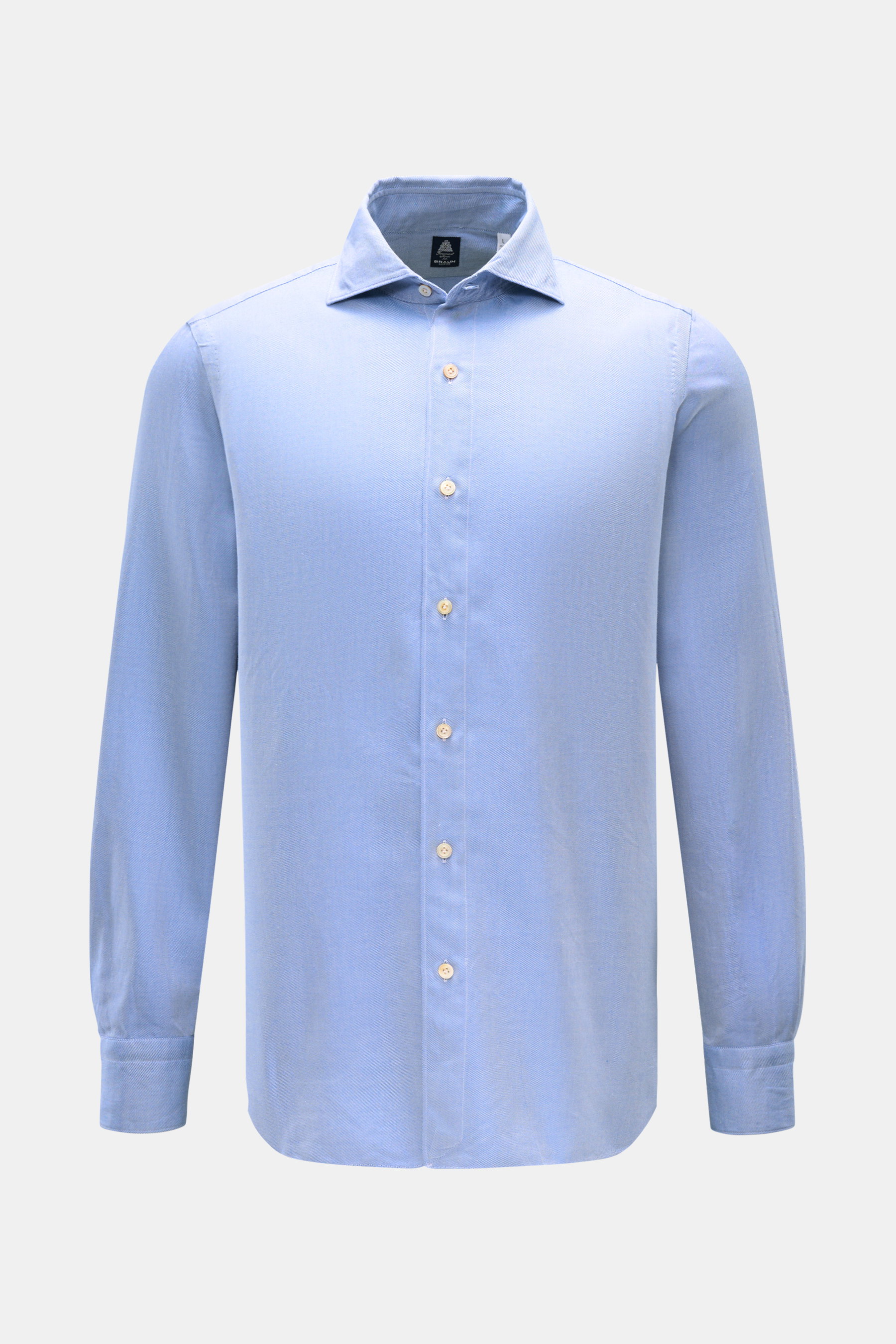 Finamore Flanellhemd 'Edoardo Gaeta' Haifisch-Kragen blau meliert, Frontansicht, Flanell aus Baumwolle, softe Haptik, Regular Fit, extralange Ärmel, französische Knopfleiste, klassische Sportmanschette, gerundeter Saumverlauf.