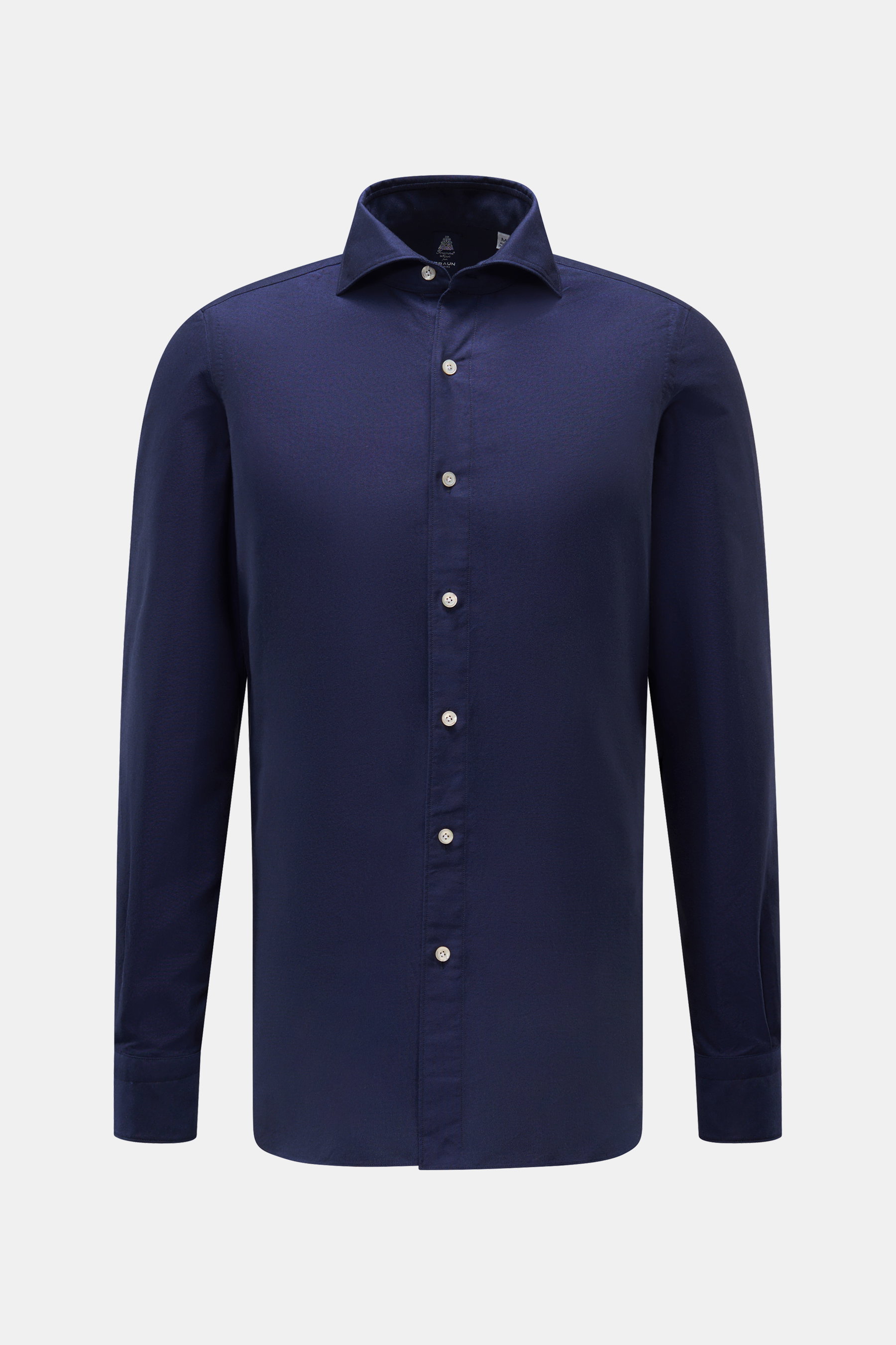 Finamore Oxford Hemd 'Edoardo Gaeta' Haifisch-Kragen navy, frontale Ansicht, Oxford Baumwolle, leicht griffig, Regular Fit, extralange Ärmel, französische Knopfleiste, Sportmanschette, gerundeter Saum.