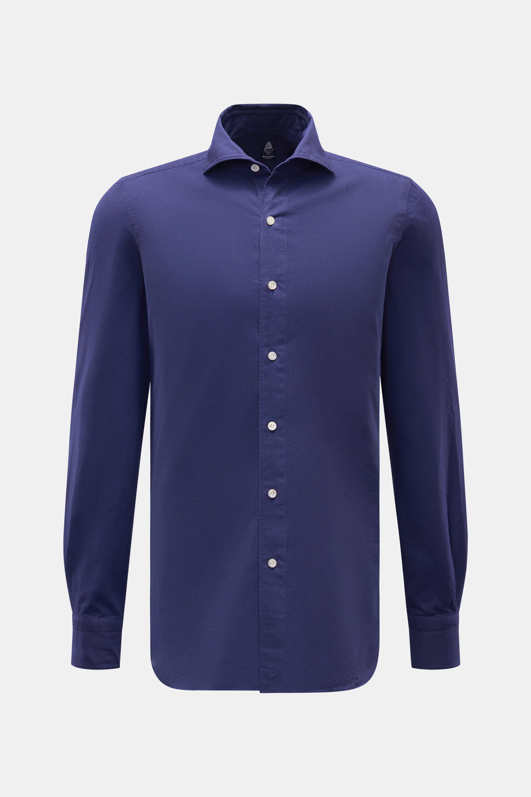 Finamore Flanellhemd 'Edoardo Gaeta' Haifisch-Kragen navy, frontal, Flanell Baumwolle, softe Haptik, Regular Fit, extralange Ärmel, französische Knopfleiste, Sportmanschette, gerundeter Saum.