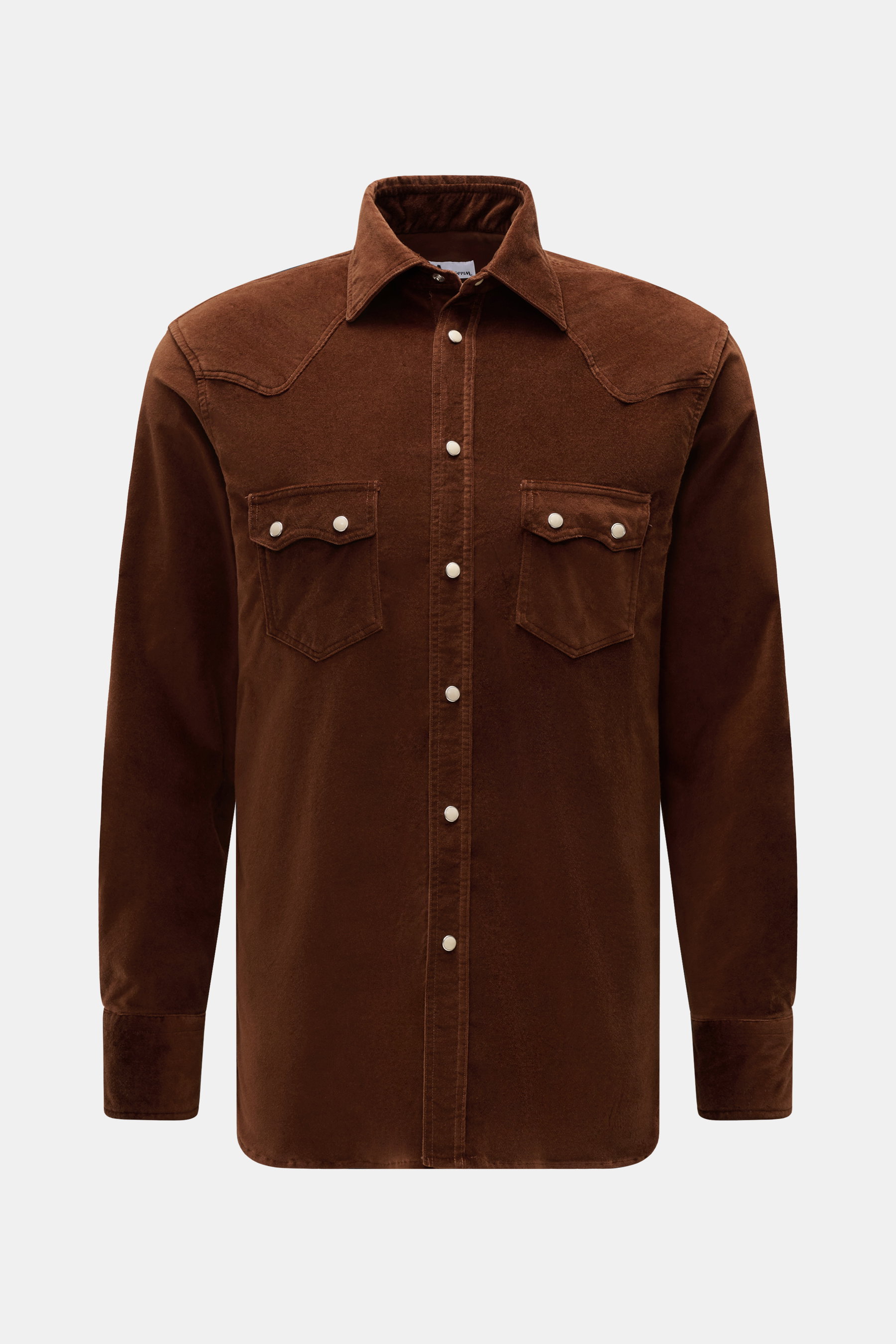 Doppiaa Samt-Hemd 'Aariosto' braun mit kent-Kragen, Western-Stil, Perlmutt-Druckknöpfen, Baumwoll-Samt, Frontansicht, Regular Fit.