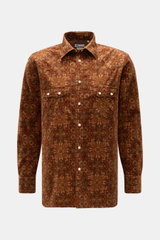 Doppiaa Flanellhemd 'Aariosto' Kent-Kragen braun/hellbraun/grün gemustert, Frontansicht, Regular Fit, Baumwoll-Flanell, Western-Stil, Perlmutt-Druckknöpfe.