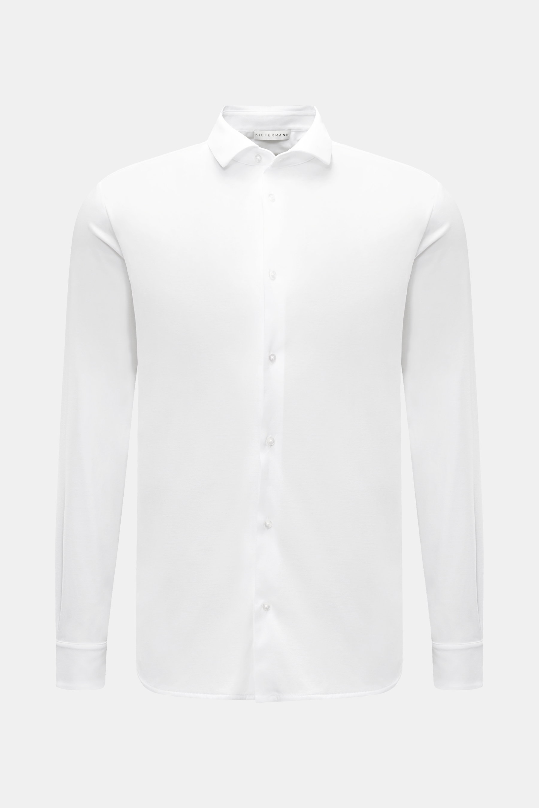 Kiefermann Jersey-Hemd 'Elandorio' Haifisch-Kragen weiß, slim fit, mercerisierter Baumwolljersey, Haifischkragen, französische Knopfleiste, Sportmanschette, frontale Perspektive.