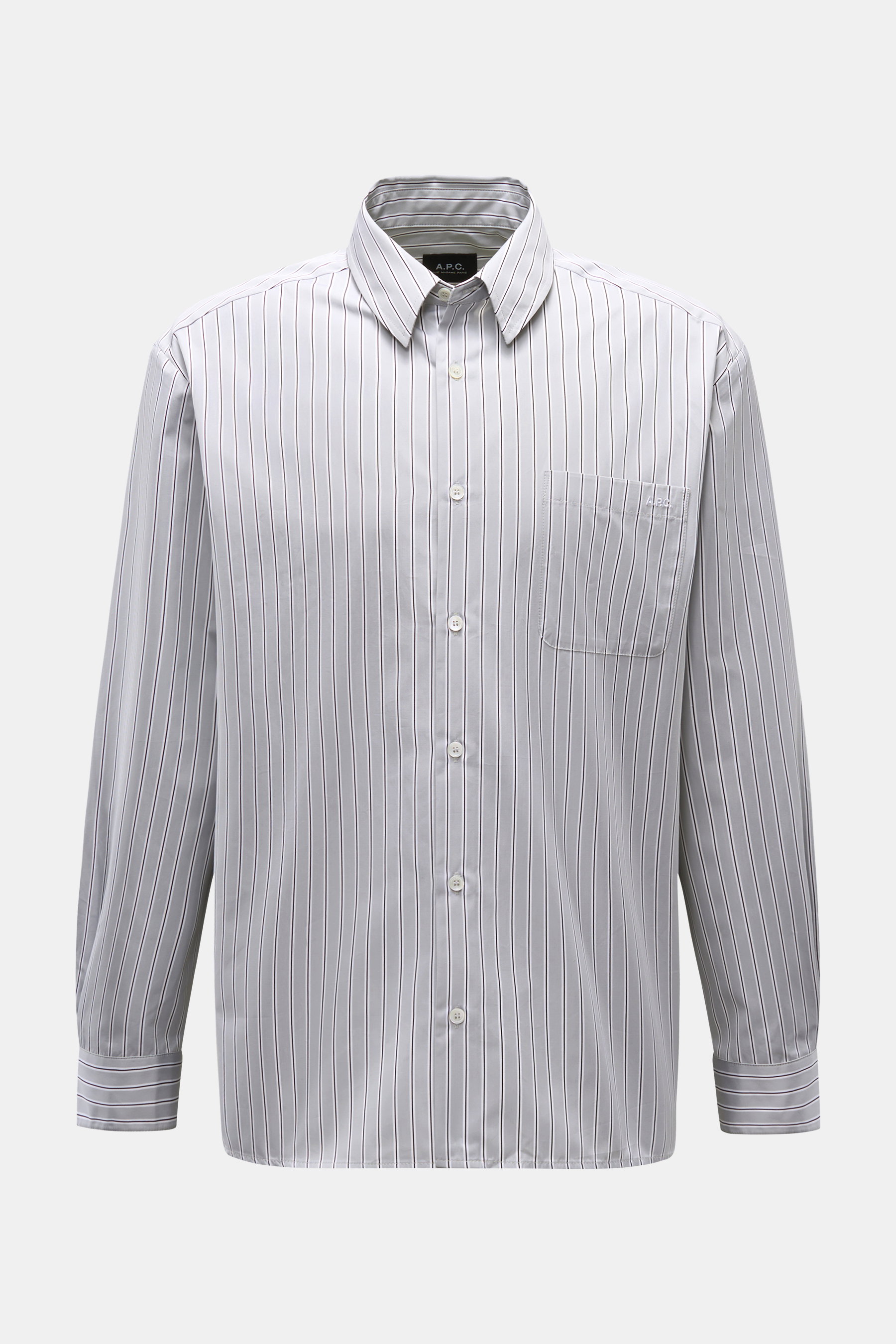 Front view of A.P.C. Casual shirt Kent collar light grey/black/white striped, pure cotton with oversized fit, Kent collar, French button placket, classic barrel cuffs, patch breast pocket, and slightly rounded hem. A modern take on a classic look perfect 