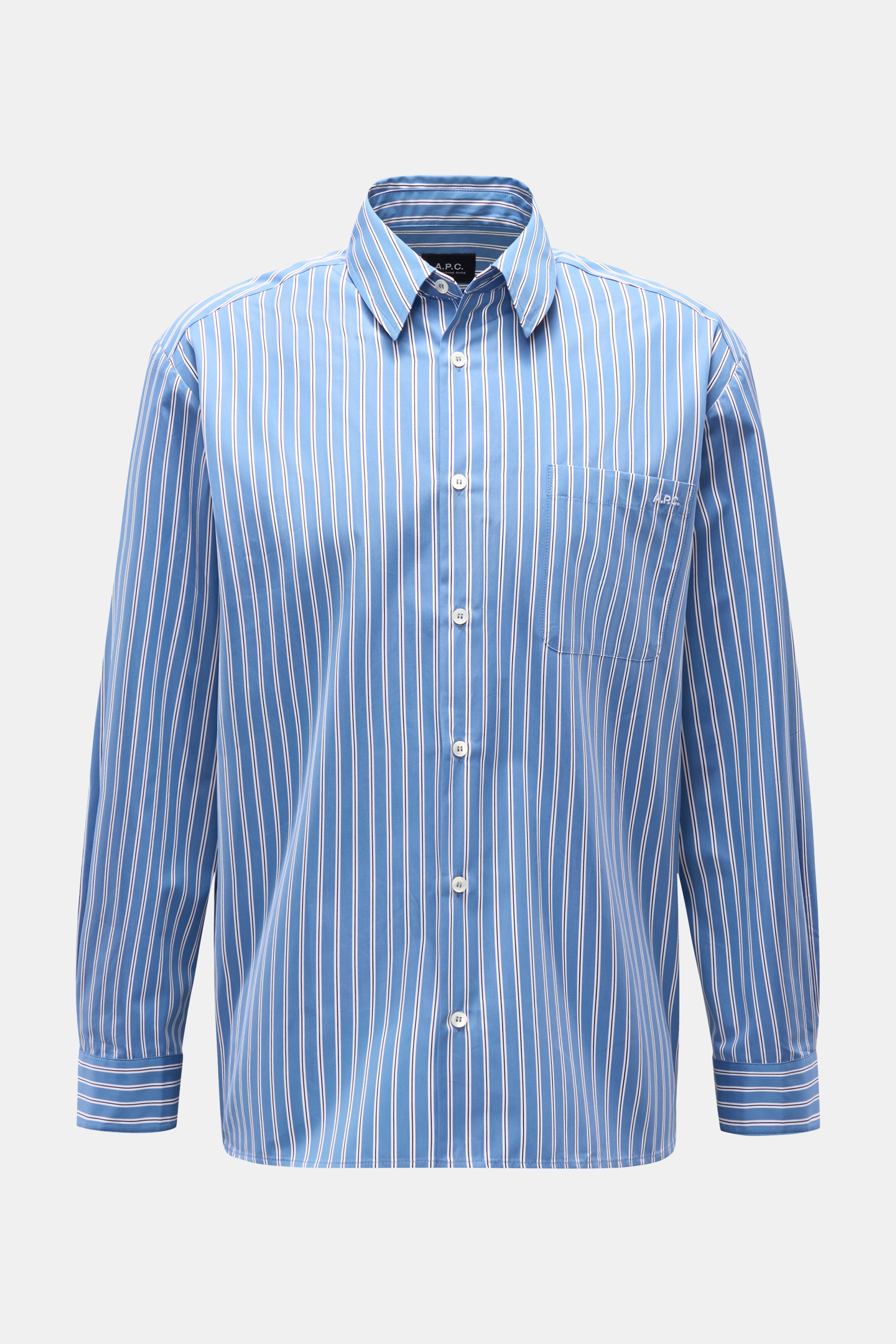 Front view of A.P.C. Casual shirt Kent collar grey-blue/black/white striped, pure cotton with smooth feel, oversized fit, Kent collar, French button placket, classic barrel cuffs, patch breast pocket with stitching, and slightly rounded hem. A modern take